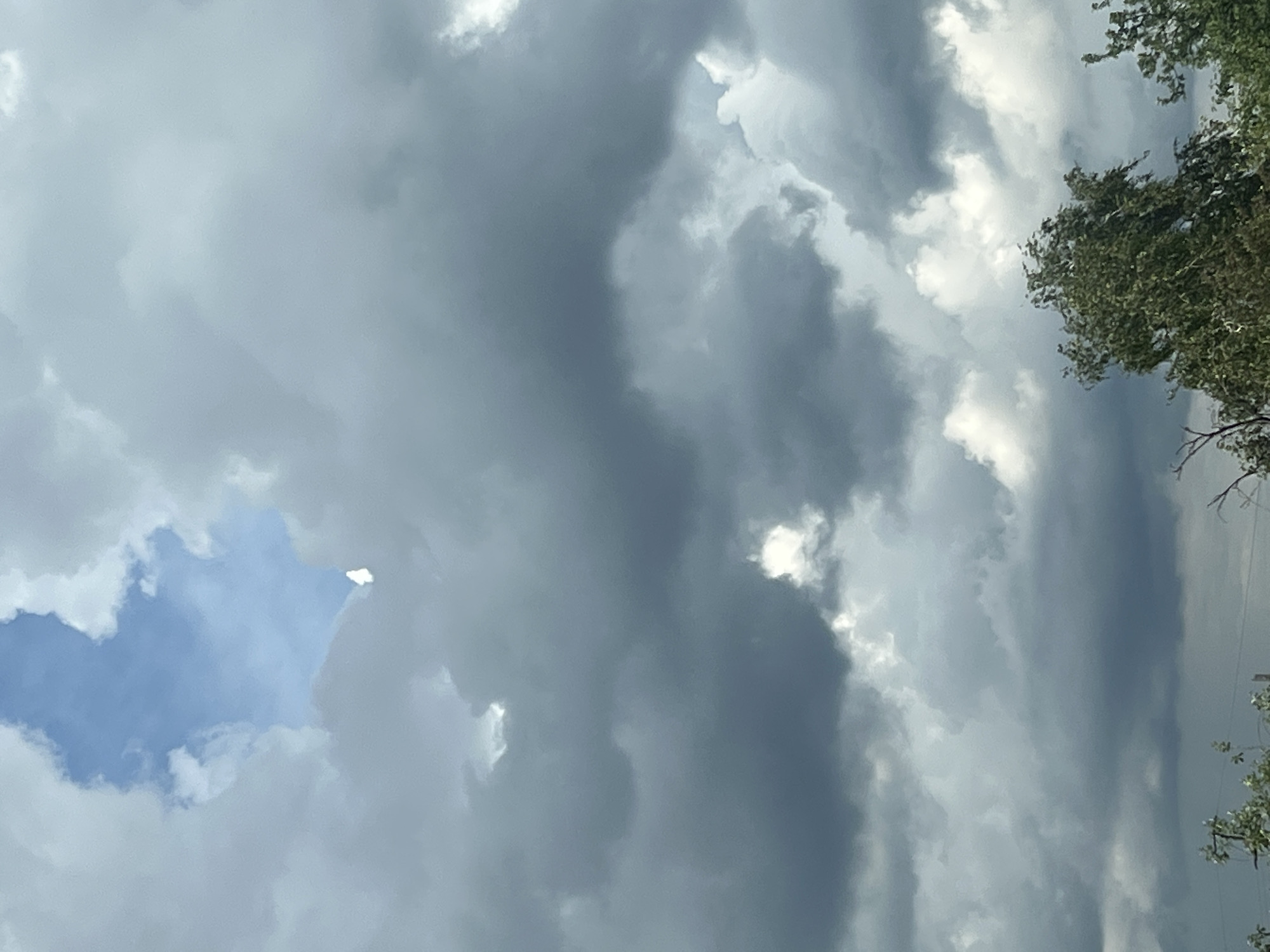 The image captures a dramatic sky over Votkinsk, Russia, with a mix of dark, heavy clouds and patches of bright blue sky. The clouds are dense and textured, creating a sense of impending weather. In the upper portion of the frame, a large opening in the clouds reveals a vibrant blue sky, with a small, bright white cloud fragment suspended within the opening. Below this, the cloud cover is thicker and darker, suggesting a storm may be brewing. Towards the bottom of the image, the tops of trees, primarily green foliage, are visible, indicating a natural or semi-natural environment, possibly a park or the outskirts of the city. The overall impression is one of dynamic and changing atmospheric conditions.