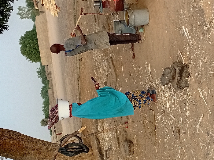 Two individuals are present in a rural landscape. A man in a light-colored shirt and dark pants operates a well system with buckets. Nearby, a woman wearing a bright blue top and patterned skirt balances a bucket filled with items on her head. A tree trunk and simple structures appear in the background. The ground is a mix of dirt, straw, and animal dung.