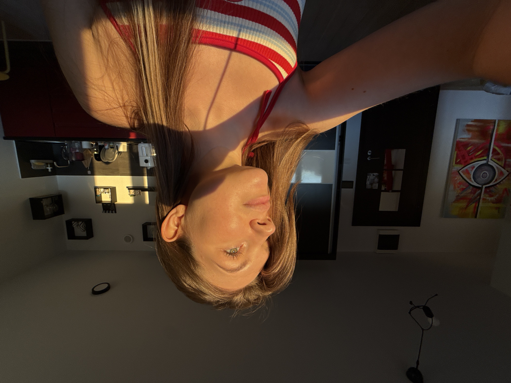 The image depicts a selfie taken indoors, in what appears to be a room within a residence. A young woman is centrally positioned, her face taking up a significant portion of the frame. She has light skin, light eyes, and long brown hair. She is wearing a red, white, and blue striped top.
The background reveals elements of a domestic environment. To the left, there is a kitchen area featuring dark red cabinets, appliances, and framed artwork on the wall. To the right, a dark door is visible, next to which hangs another artwork featuring an abstract eye design with a red, orange, and yellow color palette. Below the door frame and artwork, the wall is light-colored. At the bottom of the frame, there is a floor lamp.
The lighting in the room suggests it is either late afternoon or early morning, with sunlight streaming in, creating strong shadows and highlighting certain areas. The location is within an urban area, specifically the city of Vozdovac Urban Municipality, Serbia.