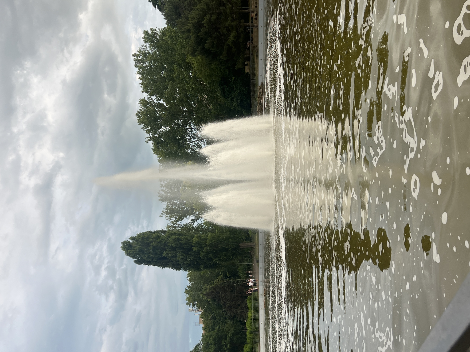 The image depicts a serene park scene with a large fountain at its center. The fountain shoots a powerful stream of water upwards, creating a misty spray that catches the light. The water in the fountain pool is calm, with ripples and white foam scattered across its surface, reflecting the surrounding trees and sky.
In the background, lush green trees line the edge of the park, their leaves forming a dense canopy. A paved walkway runs alongside the fountain, and a few people can be seen strolling or standing by the water's edge, enjoying the view. The sky above is overcast with soft, gray clouds, suggesting a mild, possibly humid day. The overall atmosphere is peaceful and relaxing, hinting at a leisurely afternoon in a city park.
The location is identified as Odesa, Ukraine. There is no visible text within the image.