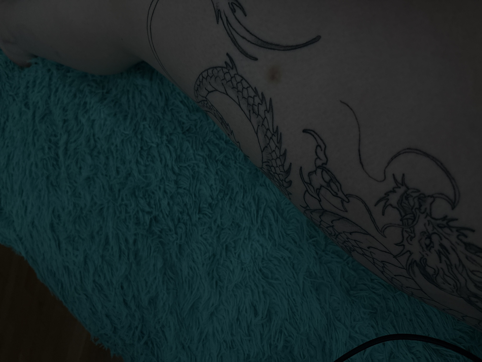 The image shows a close-up of a person's leg with a tattoo of a dragon. The leg is resting on a fluffy, teal-colored rug. A black cable is partially visible on the left side of the frame. The lighting is dim, casting shadows and making it difficult to discern finer details. The location in the city of Khimki, Russia is not discernible from the visual information provided in the image.