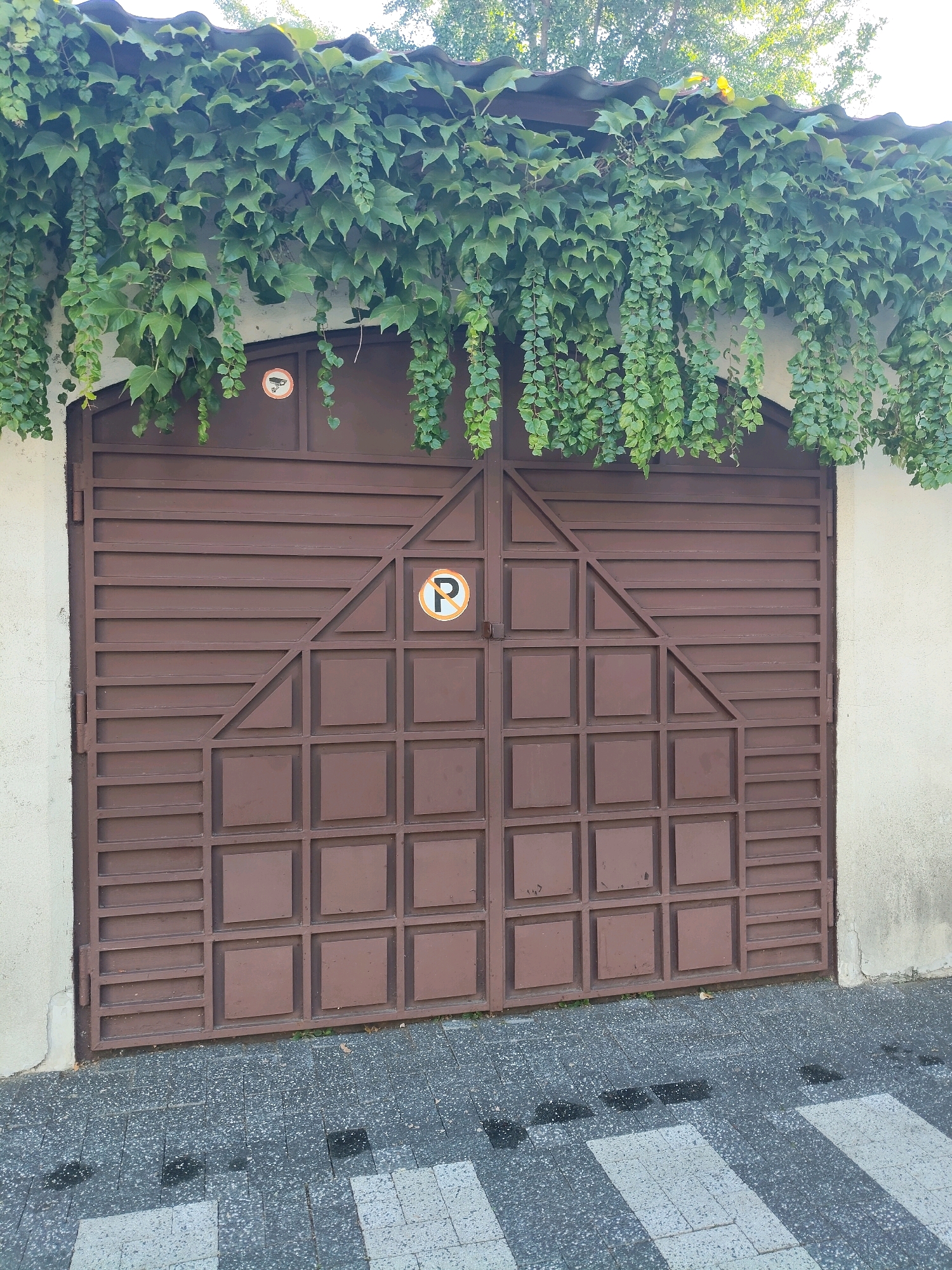 A brown metal gate with a diamond pattern and horizontal slats is partially covered by hanging green ivy. Two circular signs with a white 'P' on an orange background are affixed to the gate, indicating parking. To the left of the gate, another circular sign with a camera icon and a diagonal line through it suggests surveillance. The gate stands against a light-colored wall, and a dark grey and white patterned sidewalk is visible in the foreground. The scene is outdoors.