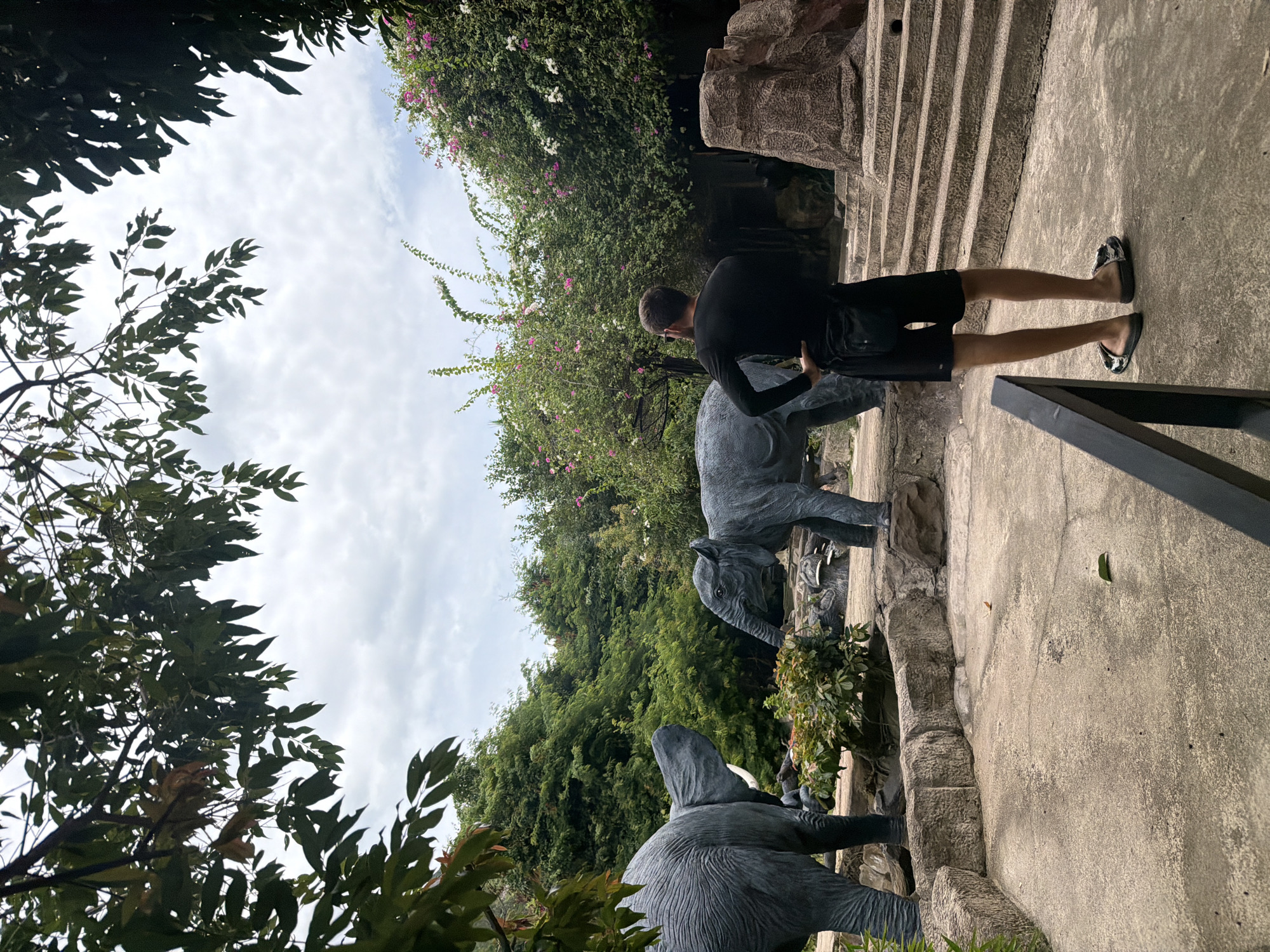 This image depicts a scene at the VinWonders Nha Trang amusement park on Hon Tre Island, Nha Trang, Vietnam. The central subject is a man, seen from the back, wearing a black long-sleeved shirt, black shorts, and patterned slides. He stands on a paved pathway, with his left hand on his hip, looking towards two elephant statues. To his left, a large elephant statue is positioned facing away from the viewer, with its trunk raised. To his right, a smaller elephant statue is facing the larger one. The background features lush green trees and bushes, with some flowering vines in pink and white. In the background to the right, there are tiered stone steps leading upwards. The sky is overcast.