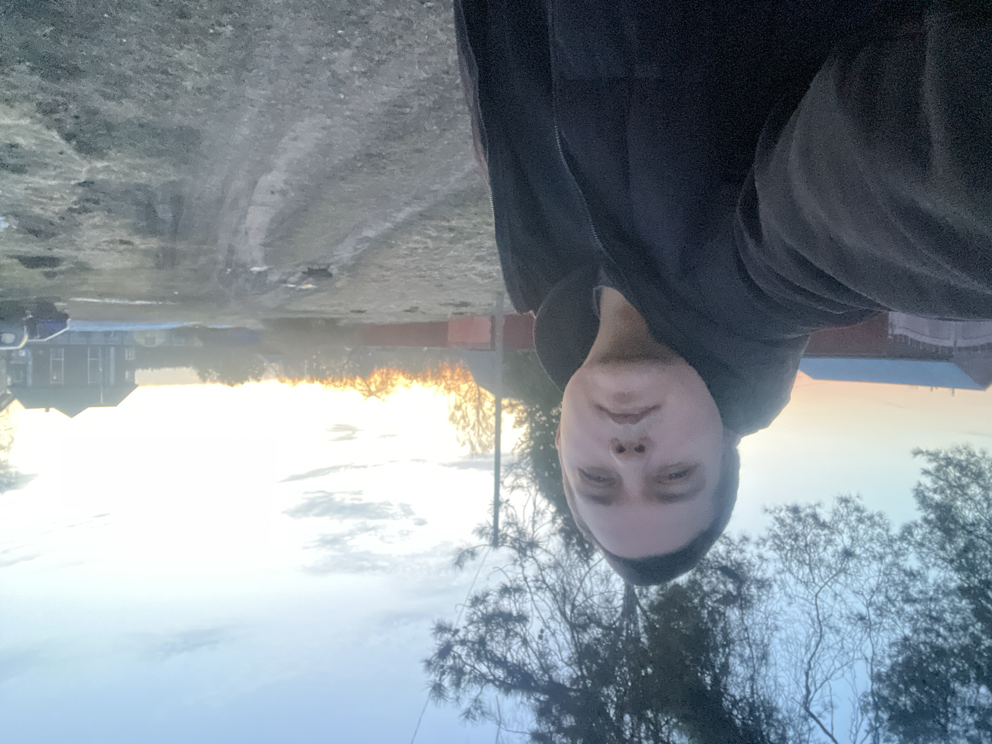 A selfie photograph taken outdoors, the camera appears to be held upside down. A fair-skinned person with short dark hair and neutral expression, wearing a dark jacket, dominates the upper right quadrant. Behind the person, looking upward, is a partially cloudy sky, interspersed with tree branches. The lower left quadrant depicts a landscape including buildings, bare trees, and a dirt road. The lighting suggests early morning or late afternoon, due to the low angle of the sun. Given the location, it can be assumed this is a rural or suburban area in Раздолье, Russia.
