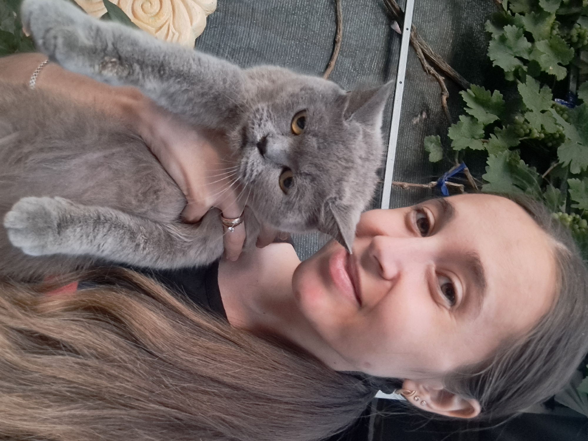 In an outdoor setting, likely a yard in Vypasne, Ukraine, a young woman with long brown hair pulled into a ponytail is holding a grey British Shorthair cat. The woman is smiling and looking towards the camera, while the cat has a somewhat displeased expression. The woman is wearing a black t-shirt and jewelry, including earrings and rings. The background features green foliage and a textured grey wall, possibly a fence or building. The overall impression is a casual, candid snapshot of a person and their pet.