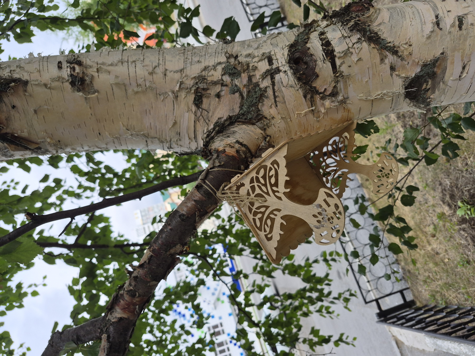 A carved wooden birdhouse, shaped like a miniature house with intricate tree designs, hangs from the branch of a birch tree. The birdhouse is made of light-colored wood and is suspended by a piece of twine. The birch tree has a distinctive white, peeling bark with dark markings. In the background, a black metal fence borders a grassy area. Beyond the fence, a street is visible, with a modern building adorned with colorful geometric patterns. The sky is overcast. The scene appears to be in the city of Nyagan, Russia, a location known for its birch forests.