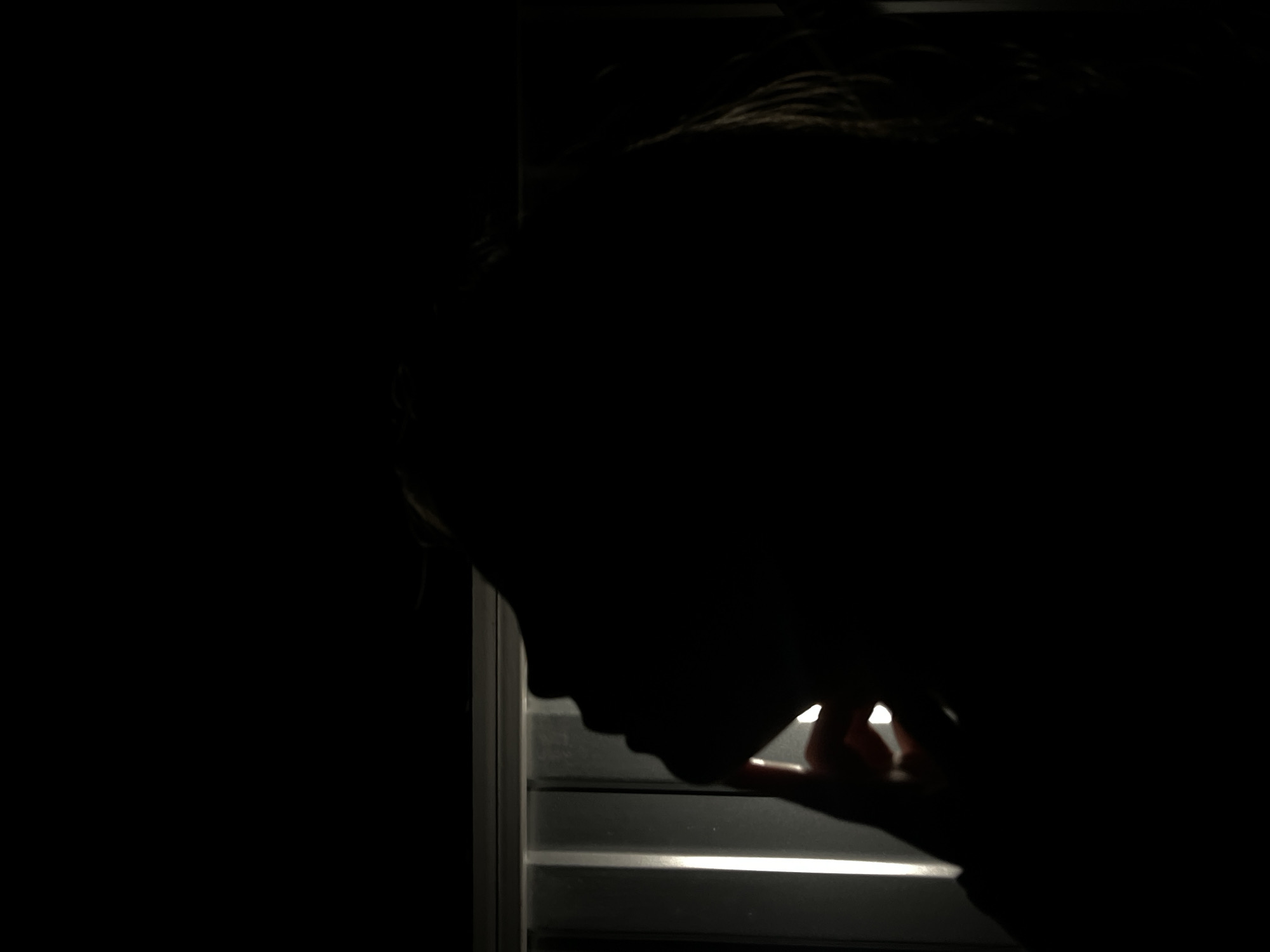 The image captures a deeply shadowed silhouette of a person's head and upper body, viewed in profile. The individual is looking downwards, with the outline of their nose and chin subtly visible against a brighter light source. Their hair appears as a dark, textured mass on top of their head.
The scene is predominantly dark, suggesting an indoor setting during nighttime or in a very dimly lit room. The primary source of illumination emanates from outside, piercing through the gaps of horizontal window blinds or shutters, creating distinct bands of bright light.
One of the person's hands is visible in the lower right, with fingers appearing to rest upon or adjust one of the illuminated slats of the window structure. This action implies the person is actively looking out or observing something beyond the window, or perhaps simply adjusting the blinds.
Notable details include the stark contrast between the intense darkness of the foreground and the luminous horizontal lines, which emphasizes the mysterious silhouette. The time of day is clearly night or a very low-light environment. No specific weather conditions or internal architectural cues are discernible from the image itself that would confirm the location as Novopokrovskaya, Russia. The obscured face and pensive posture evoke a sense of introspection, curiosity, or quiet observation. There is no visible text in the image.