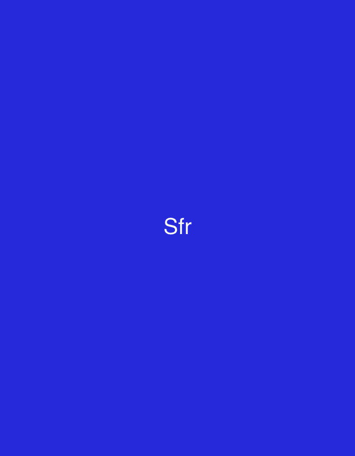 The image displays a solid royal blue background (hexadecimal color approximately #3333FF). Centered on this background is the white text "Sfr" rendered in a sans-serif typeface. No other subjects, objects, people, actions, interactions, or environmental details are discernible. The image provides no visual information to indicate a specific physical location, including the city of Casablanca, Morocco.