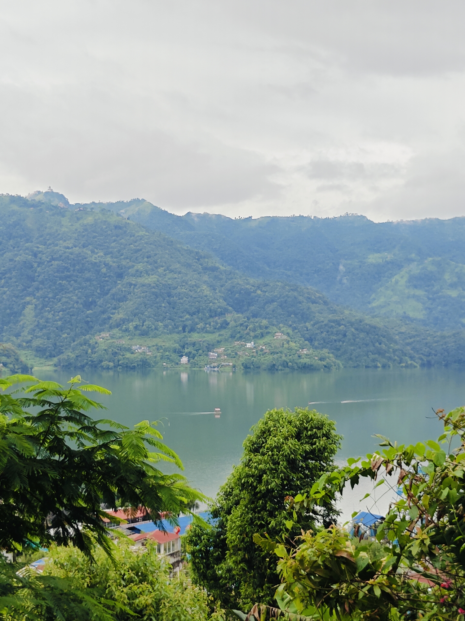 The image is a view of Fewa Lake in Pokhara, Nepal, with lush green hills and mountains in the background under an overcast sky. In the foreground, branches of green trees and some buildings with colorful roofs are visible. The lake's surface is calm, with a small boat visible in the distance, creating a subtle wake. The hillside overlooking the lake is dotted with small structures and dense vegetation. The overall impression is one of natural beauty and tranquility.