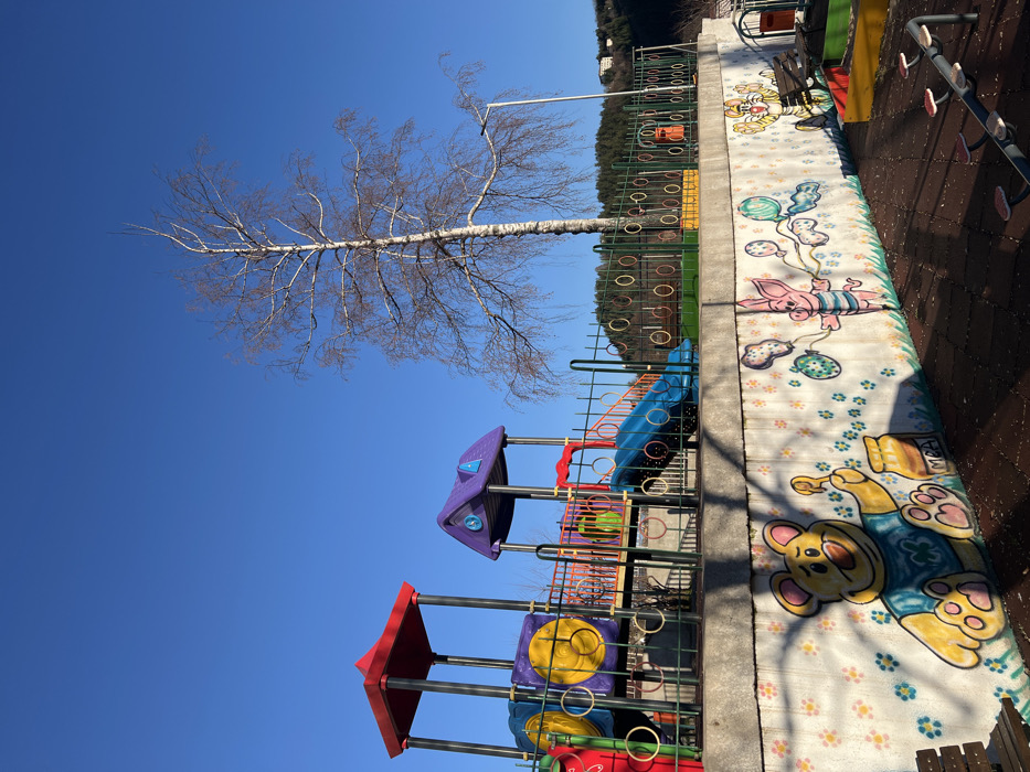 The image displays an unoccupied outdoor children's playground in Banite, Bulgaria, under a clear blue sky. The foreground consists of a dark brown rubber safety surface showing direct sunlight and shadows, with a multi-colored low-angle seesaw-like structure partially visible on the right and a wooden bench on the far left. A white concrete retaining wall spans the midground, adorned with a colorful mural depicting cartoon characters: a yellow bear with a honey pot, a pink pig holding balloons, and a partial view of a striped tiger, all against a background of small painted flowers. Above the wall, a dark green metal fence with decorative rings encloses a multi-component playground structure featuring a red-roofed tower, a purple-roofed tower, various colorful panels (yellow, purple, green), and a prominent blue slide. A tall, bare deciduous tree with light bark stands behind the playground structure on the right, alongside a street light pole. The background reveals a sloped hillside covered with dense foliage and several distant light-colored residential buildings. No individuals are present, and no actions or interactions are occurring.