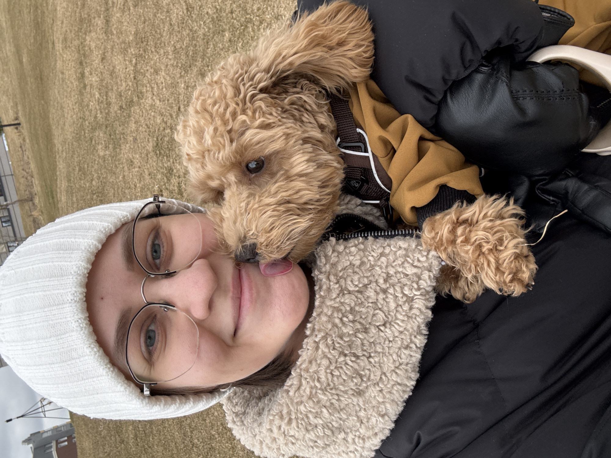 A woman and a dog are posing in a selfie. The woman is wearing a white beanie, glasses, and a cream-colored, fleece-lined coat. The dog, a curly-haired breed possibly a poodle mix, is wearing a brown harness and a mustard-colored sweatshirt. The dog is licking the woman's face. The background shows a grassy area and buildings, possibly indicating an outdoor location. Location is not Pervomaysky, Russia.