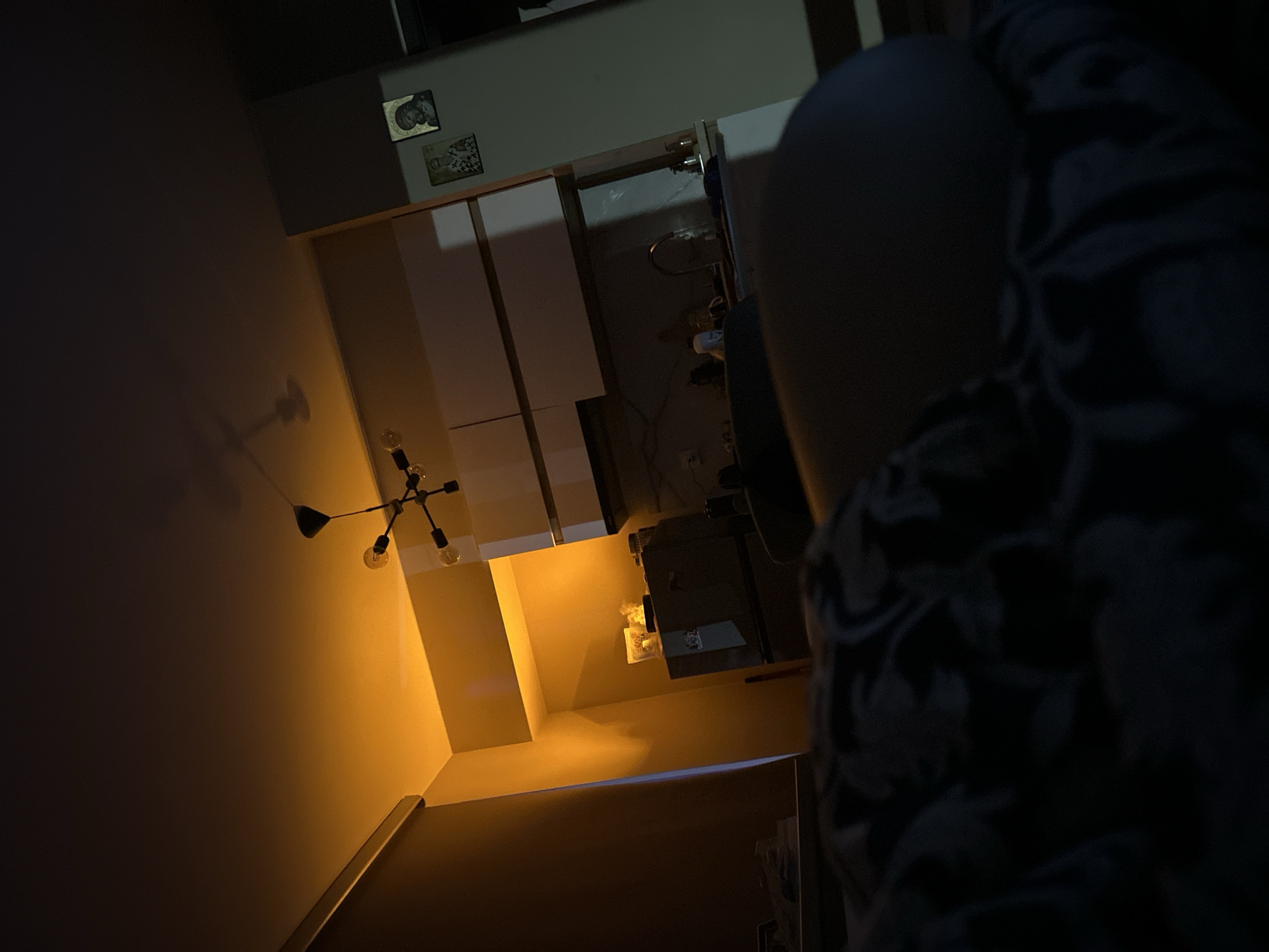 The photograph, taken indoors, presents a view of a room dominated by vertical lines and strong contrast between light and shadow. On the left, a wall is illuminated by a warm, orange light, possibly from a multi-bulb ceiling lamp with exposed bulbs. Shadows cast on the wall suggest the presence of a ceiling fan.
A set of white, modern-looking cabinets with a smooth, matte finish are positioned adjacent to the wall. To the right, there is a dark space, appearing to be a kitchen area, with a sink and miscellaneous items on the countertop.
In the foreground, occupying a significant portion of the right side, is a blurred, dark object, possibly a person covered with a patterned fabric or blanket. It obstructs the view of the rest of the room.
Given the interior design style and the presence of orthodox iconography in the corner of the wall, it is most likely that the photograph was taken in an apartment in Plovdiv, Bulgaria. The image does not reveal enough detail to pinpoint the exact location. There are no visible people actively performing actions.