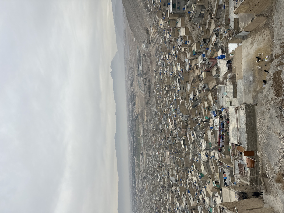 An expansive, high-angle photographic view captures a dense urban landscape within Quetta City Tehsil, Pakistan, under an overcast, light gray sky. The foreground shows a steep, rocky, barren hillside. A single individual in dark clothing descends rough stone steps on the lower left. Below this, on a relatively flat dirt area, several dark fowl-like birds are dispersed. The midground is dominated by an extensive residential area composed of hundreds of tightly packed, low-rise buildings constructed from light-colored brick or concrete. Many flat rooftops display blue water storage tanks, satellite dishes, and clotheslines with drying laundry. The urban sprawl extends into a wide valley, where roads and sparse green spaces are visible. The scene is framed by multiple layers of hazy, distant mountains on the horizon, indicative of an arid environment.