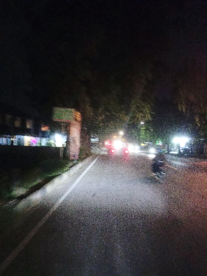 The image depicts a nighttime scene on a street in Mojosari, Indonesia. The road, made of asphalt, features a clear white lane marker on its left side and extends into the distance. Trees line both sides of the street, though they are mostly obscured by darkness and the grainy quality of the photograph.
On the left side of the road, several low-rise buildings are visible, with their windows illuminated, suggesting active businesses or residences. Distinct pink and purple lights are visible from one of these buildings. A tall, vertical sign, possibly a billboard or business sign, stands near these buildings, showing green and yellowish coloration at its top, though no text is legible.
The street is active with traffic. Multiple vehicles are approaching from the distance, identifiable by their bright white headlights and glowing red taillights, which appear somewhat blurred due to motion or low-light conditions. On the right side of the road, a person is seen riding a motorbike, moving away from the camera. Other ambient lights from streetlamps and distant structures contribute to the overall illumination of the scene against the dark night sky. The image conveys a busy, urban or semi-urban environment after dark.