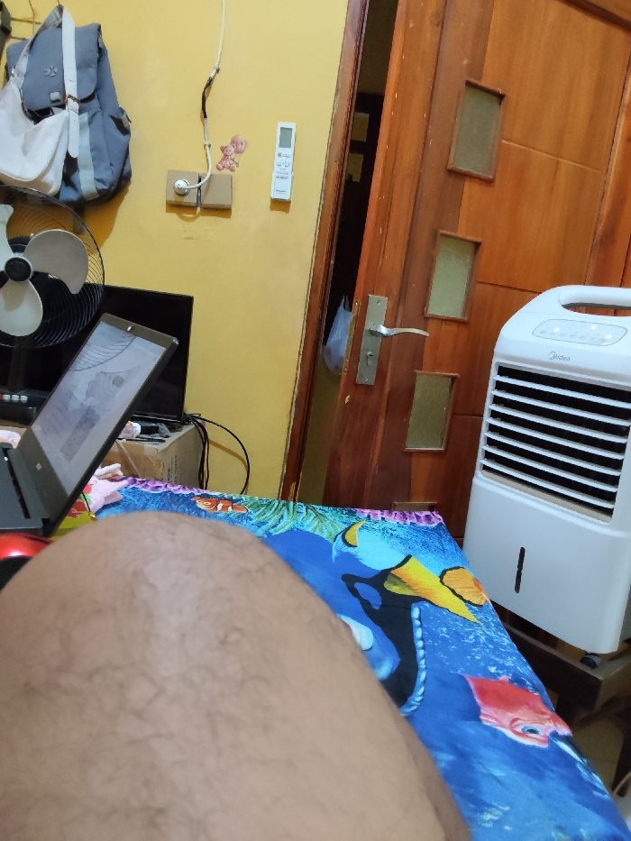 The scene is located in a room in a house in Sidoarjo, Indonesia at -7.448 latitude and 112.714 longitude. A person's bare leg is visible in the foreground, lying on a blue and white bedspread with a colorful pattern of fish. There is a white portable air conditioner on the right side of the bed. To the left of the bed is a laptop computer, open with the screen facing the viewer. A black laptop bag hangs on the wall. Behind the bed is a wooden door. There are several items on the wall, including a remote control and a sticker of a cartoon bear. The room appears to be a bedroom.