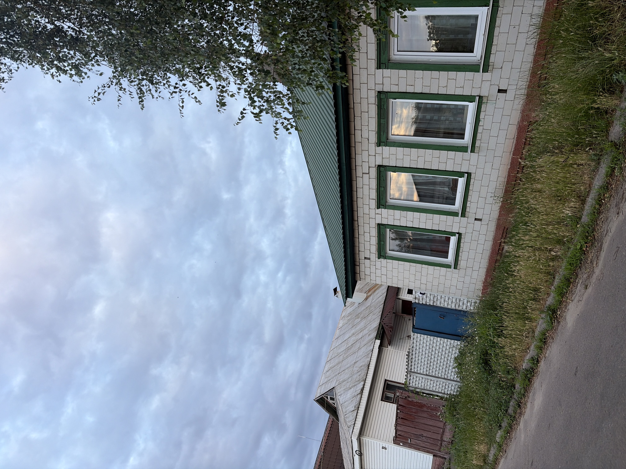 The image depicts a street scene in Chernihiv, Ukraine, under a cloudy sky. In the foreground, an asphalt road runs diagonally from the lower left to the upper right. A grassy verge with overgrown weeds and tall grasses lines the road.
Behind the verge, two houses are visible. The house on the right is a single-story structure made of light-colored bricks with a green corrugated metal roof. It features several windows with white frames and green decorative trim. The windows reflect the cloudy sky and the surrounding environment. A red-brown base runs along the bottom of the brick wall. A large tree with green foliage is situated to the right of this house, partially obscuring the sky.
To the left of the brick house is another house, seemingly older, with a white siding exterior and a grey, corrugated metal roof with a visible gable. A wooden fence of dark red planks is positioned in front of part of this house. Further to the left, a light-colored concrete fence with a patterned design is visible, alongside a bright blue metal gate. The area between the houses and the road is heavily overgrown with grass and weeds. The overall impression is of a rural or suburban residential area, with buildings appearing to be in a state of upkeep that is not pristine.
