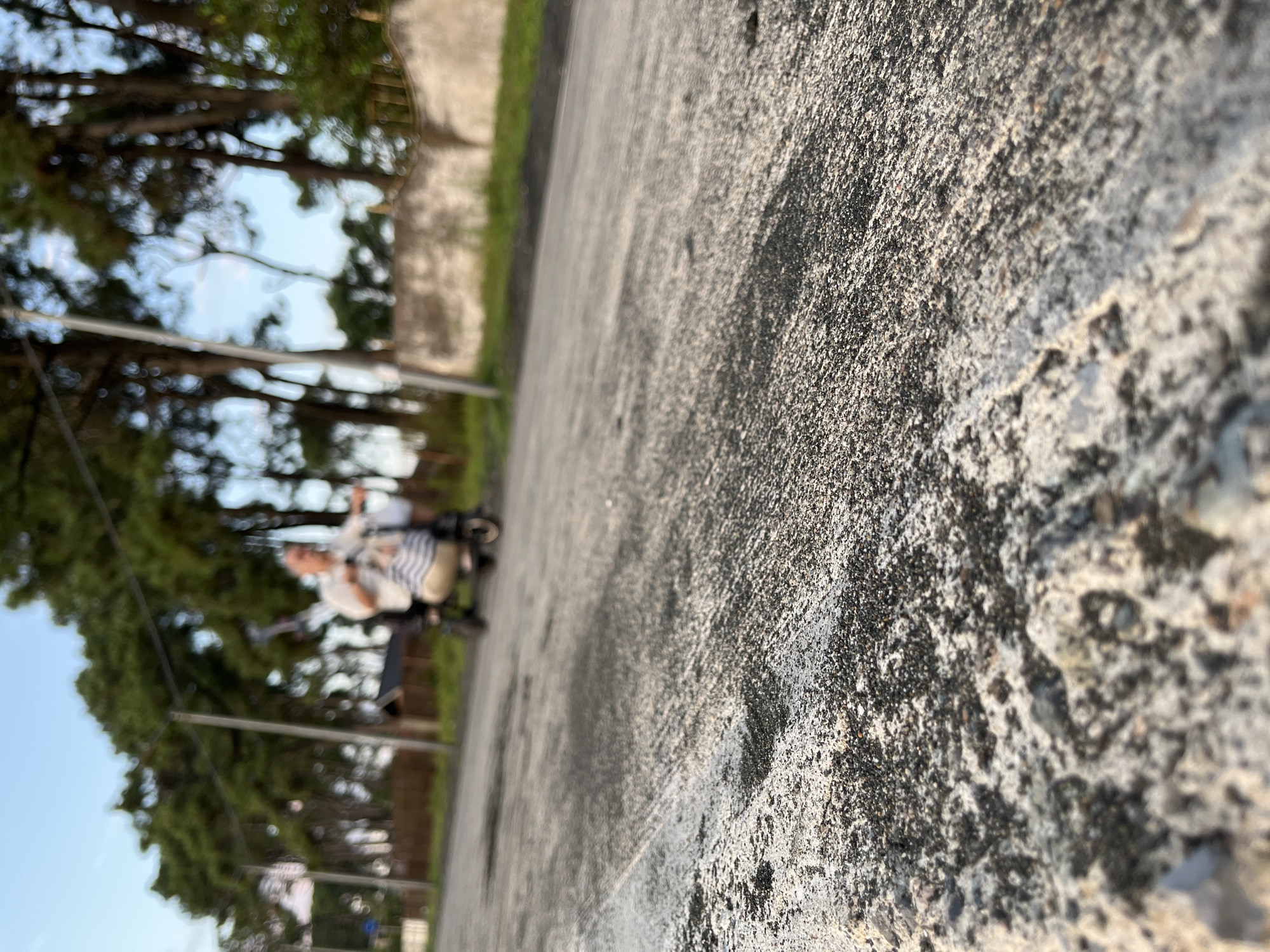 In the city of Ureki, Georgia, a person is seated on a three-wheeled vehicle, possibly an electric scooter, on a paved road. The person is wearing a light-colored shirt and appears to be pointing or gesturing. The vehicle has two wheels at the back and one at the front. The road surface is rough and textured, with patches of light and dark grey. The background features a line of tall, green trees, some of which are out of focus. Beyond the trees, a light-colored wall is visible. The sky above is a pale blue with hints of clouds. The perspective is low, with the foreground of the road taking up a significant portion of the frame.
