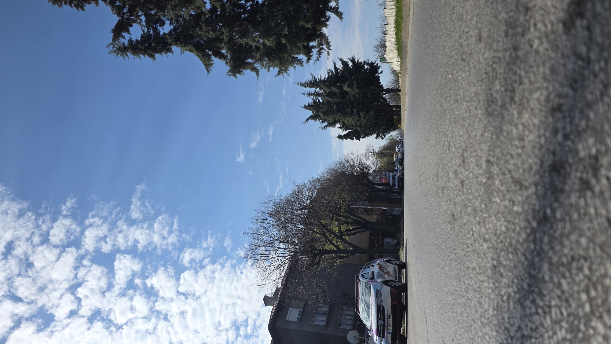 The image shows a street scene in Blagoevgrad, Bulgaria. The sky is blue with scattered cumulus clouds. Trees line the left side of the street, some bare and some evergreen. Buildings are visible behind the trees. Cars are parked along the roadside. The road surface is asphalt. No people are immediately visible. The image is taken from a low angle, with the camera tilted.
