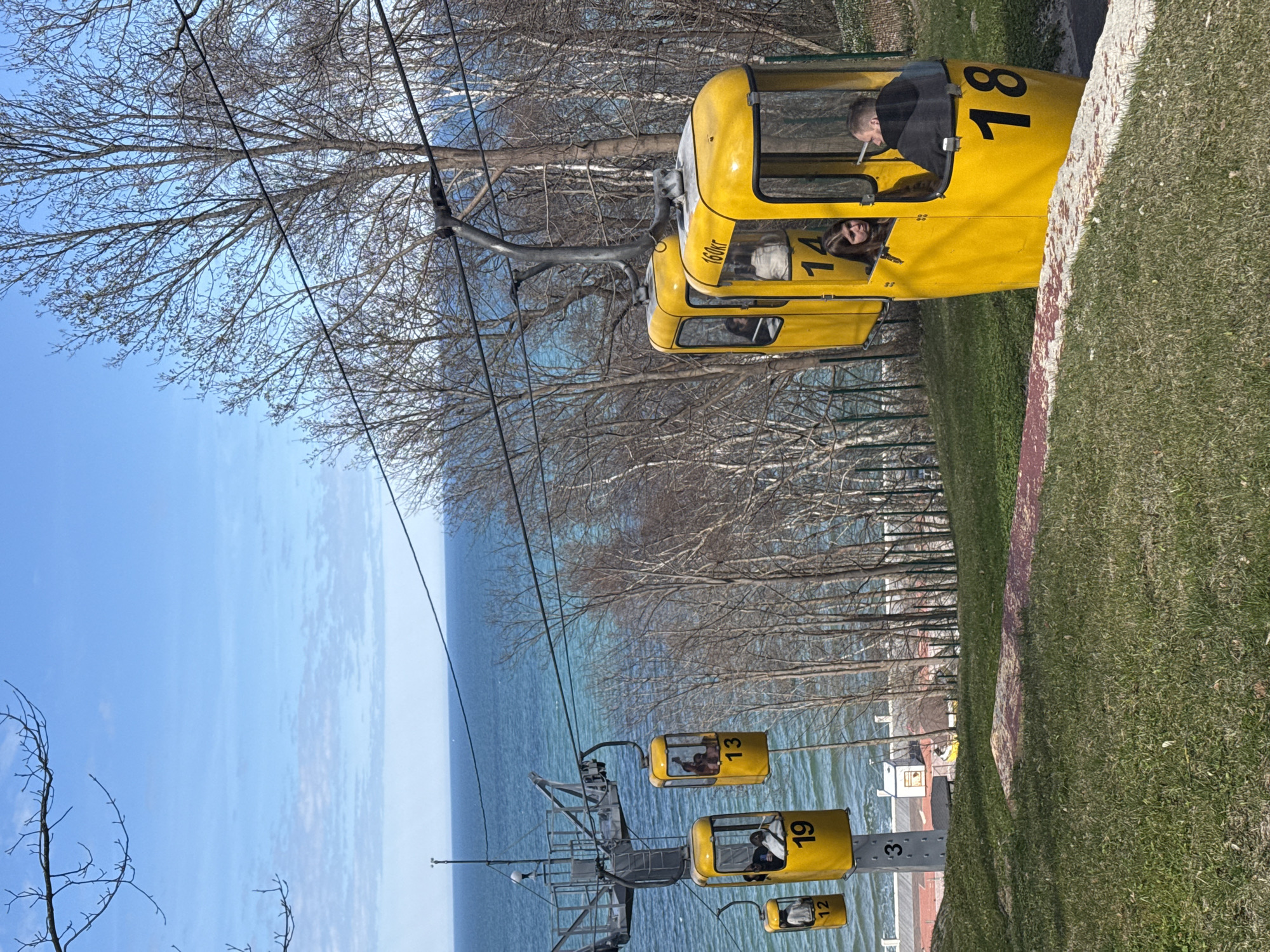The image depicts a cable car system in Svetlogorsk, Russia, operating over a body of water, likely the Baltic Sea. There are multiple bright yellow cable cars suspended from cables, each carrying passengers. Car numbers 18, 14, 13, 19, and 12 are visible, indicating several are in use. People can be seen inside the cars. The landscape consists of bare trees, a blue sky, and water. There's a grassy area on one side of the cable car line with the terminal visible. The composition indicates the photo was taken at an angle looking up at the cable cars and towards the water. The setting is outdoors on a clear day.