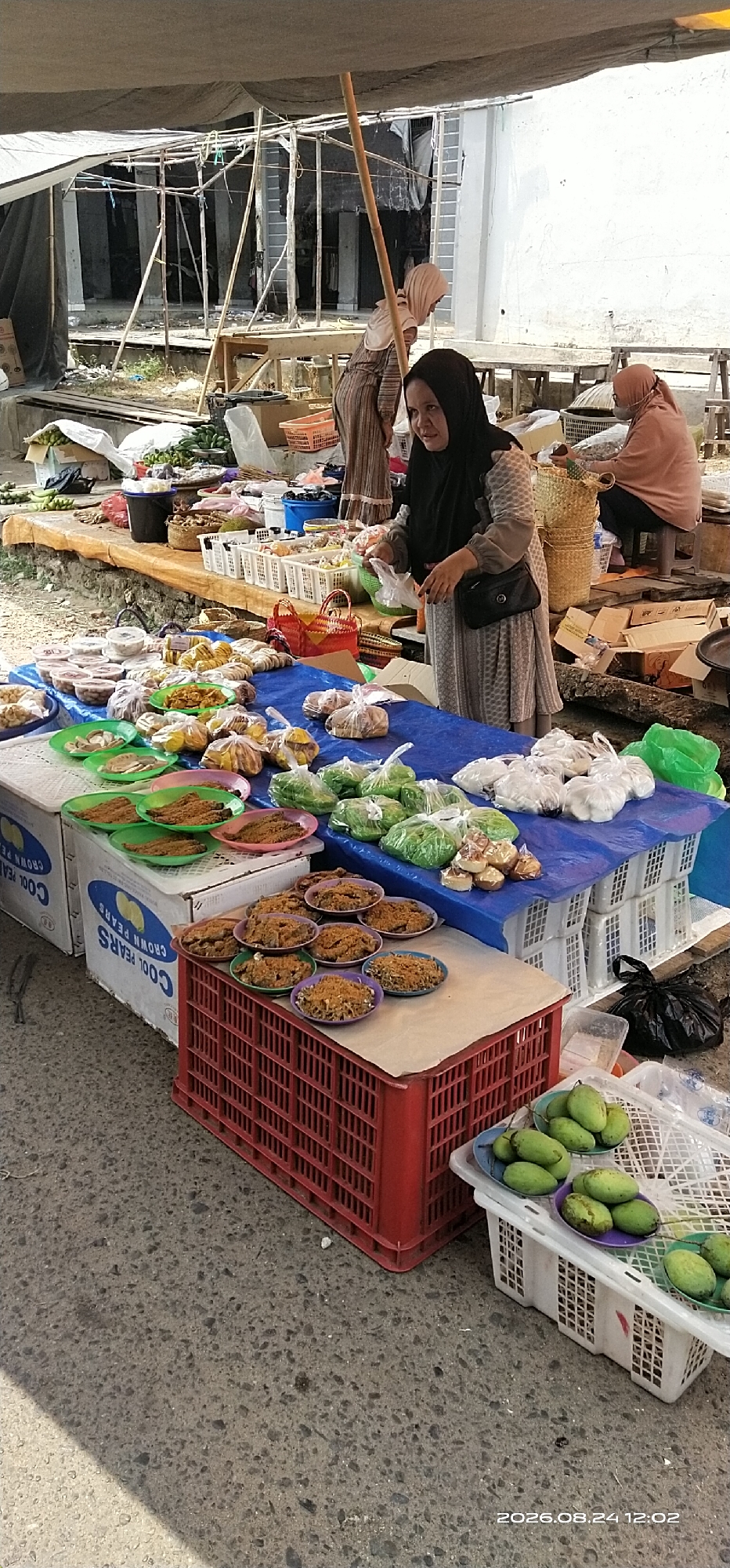 An outdoor market stall in Tamiang Layang, Indonesia displays a variety of food items for sale. A woman wearing a black hijab and a patterned gray dress is standing behind the stall, holding a plastic bag and appearing to interact with a customer or prepare an item. To her right, another woman in a light brown hijab and dress is seated and engaged with the merchandise. The stall itself is covered by a tarp, and a wooden pole supports the structure. In front of the women, a blue tarp covers a table laden with food. There are numerous plates of food, some appearing to be fried or dried, as well as packaged vegetables and fruits like mangoes. The ground is asphalt, and crates and boxes are visible around the stall. The date stamp "2026.08.24 12:02" is present in the lower right corner of the image.