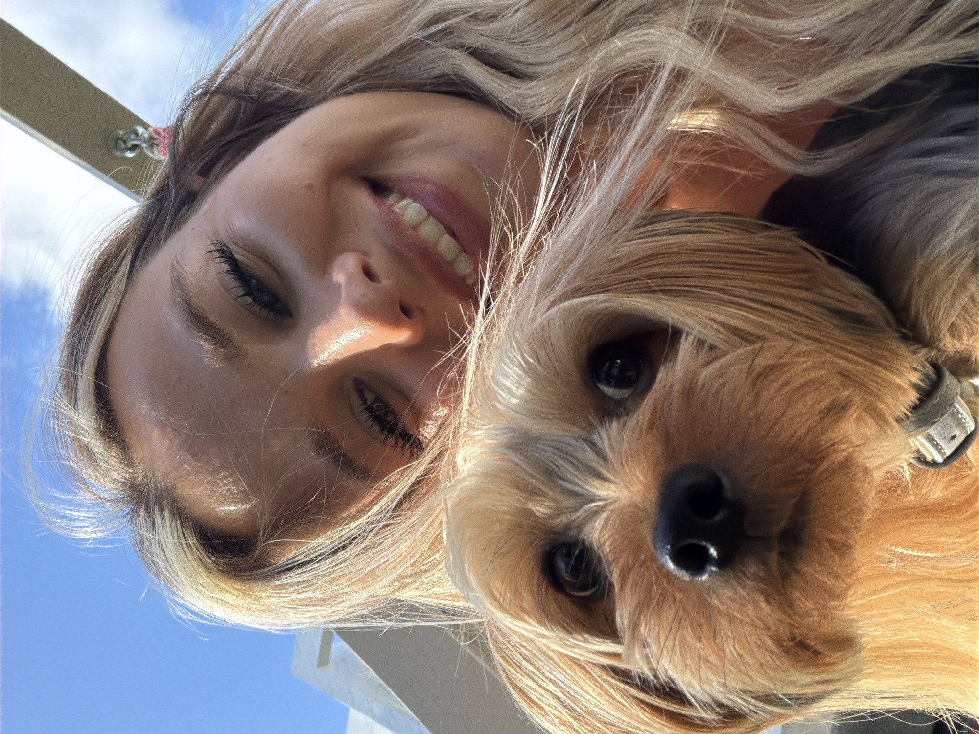 A close-up selfie shows a young blonde woman holding a small tan and brown dog. The woman is smiling broadly, with her eyes visible and wearing false eyelashes. Her hair is light blonde and wavy, framing her face. The dog, possibly a Yorkshire Terrier, is in the foreground, its face and snout filling much of the lower portion of the image. The dog has dark eyes and a black nose. The background consists of a bright blue sky with a few wispy clouds and a glimpse of a white modern structure. The lighting suggests it is daytime, with sunlight illuminating the subjects. The overall impression is of a happy, casual moment.