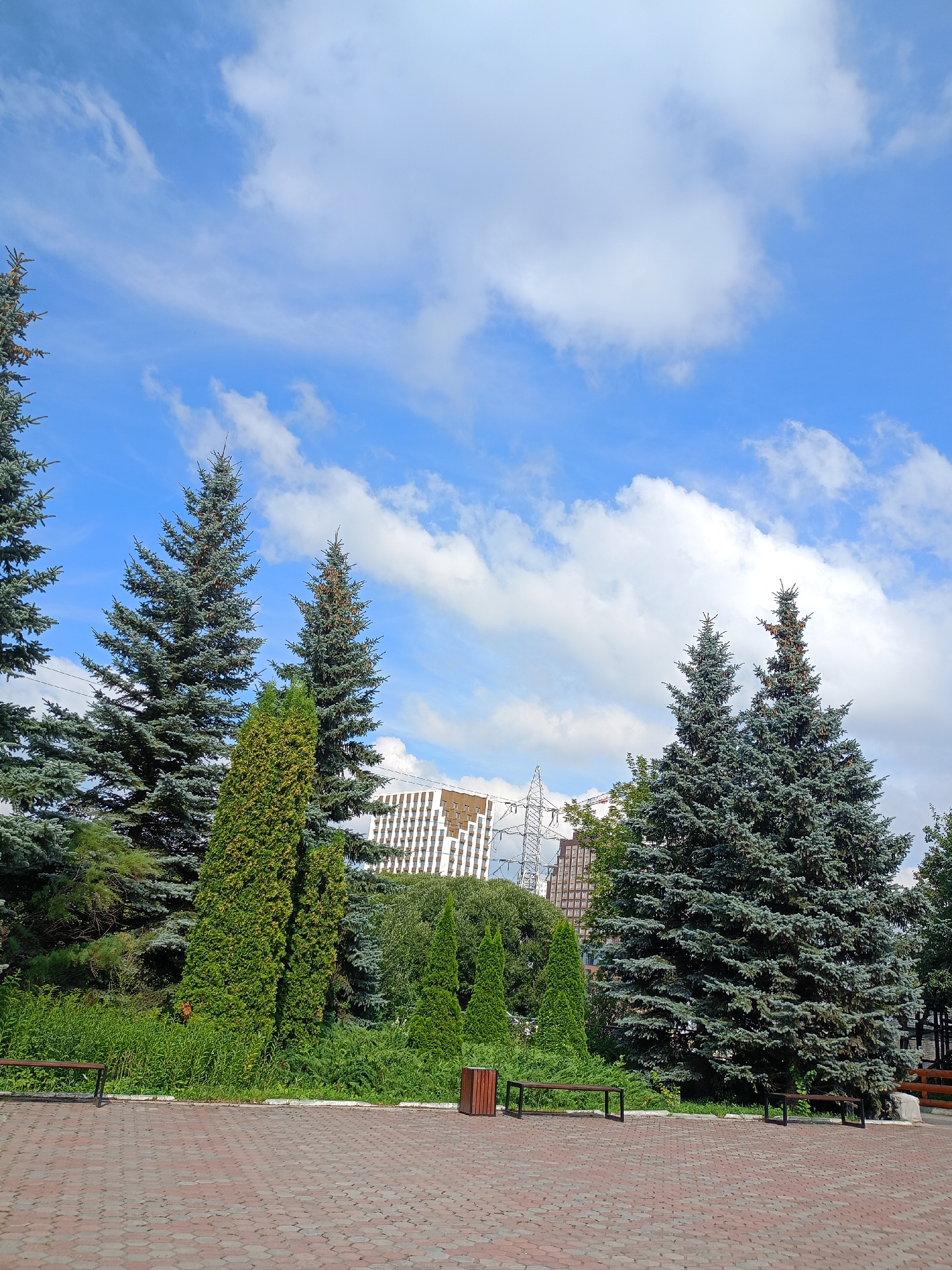 The image depicts a park scene with several large blue spruce trees and other evergreen foliage. In the background, there are buildings and a tall metal tower structure, suggesting an urban environment. The ground in the foreground is paved with red hexagonal bricks, and there are two empty benches. The sky is blue with scattered white clouds. The scene appears to be a public park in the city of Chelyabinsk, Russia, likely on a sunny day. There are no people visible in the image.