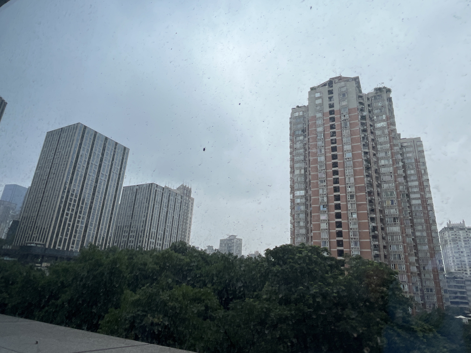 The image depicts a view of a city skyline with several tall buildings and lush green trees in the foreground. The sky is overcast and appears to be raining, with visible water droplets on the surface from which the photo was taken, likely a window. On the left side of the image, two modern, glass-fronted skyscrapers stand side-by-side, their facades reflecting the cloudy sky. To the right, a much taller, older building with a reddish-brown facade and numerous windows dominates the scene. Further in the distance, other buildings of varying heights and architectural styles are visible, including a light-colored skyscraper with decorative elements at its peak. The dense foliage of trees forms a dark green barrier across the lower half of the image, partially obscuring the lower levels of the buildings and suggesting a park or residential area with extensive landscaping. The overall impression is an urban environment experiencing inclement weather. The image appears to be taken from within a moving vehicle, given the angle and the nature of the water droplets on the viewing surface. This scene is located in Yuzhong District, China.