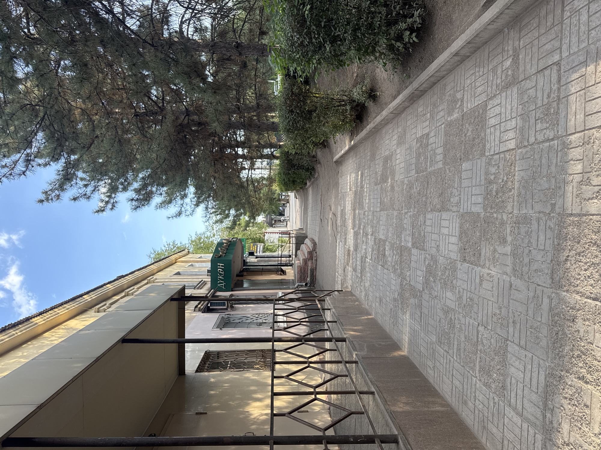 A paved sidewalk runs alongside a building and a row of trees in Kara-Balta, Kyrgyzstan. The building, to the left, has a light-colored facade and is shaded by a protruding awning supported by dark posts. A metal railing runs along the front of the building. A sign with Cyrillic lettering, reading "ДУКӘН," is visible above a storefront. The sidewalk is paved with rectangular tiles arranged in a checkered pattern. To the right of the sidewalk, a line of manicured bushes and mature pine trees create a natural border. The sky above is blue with scattered clouds.
