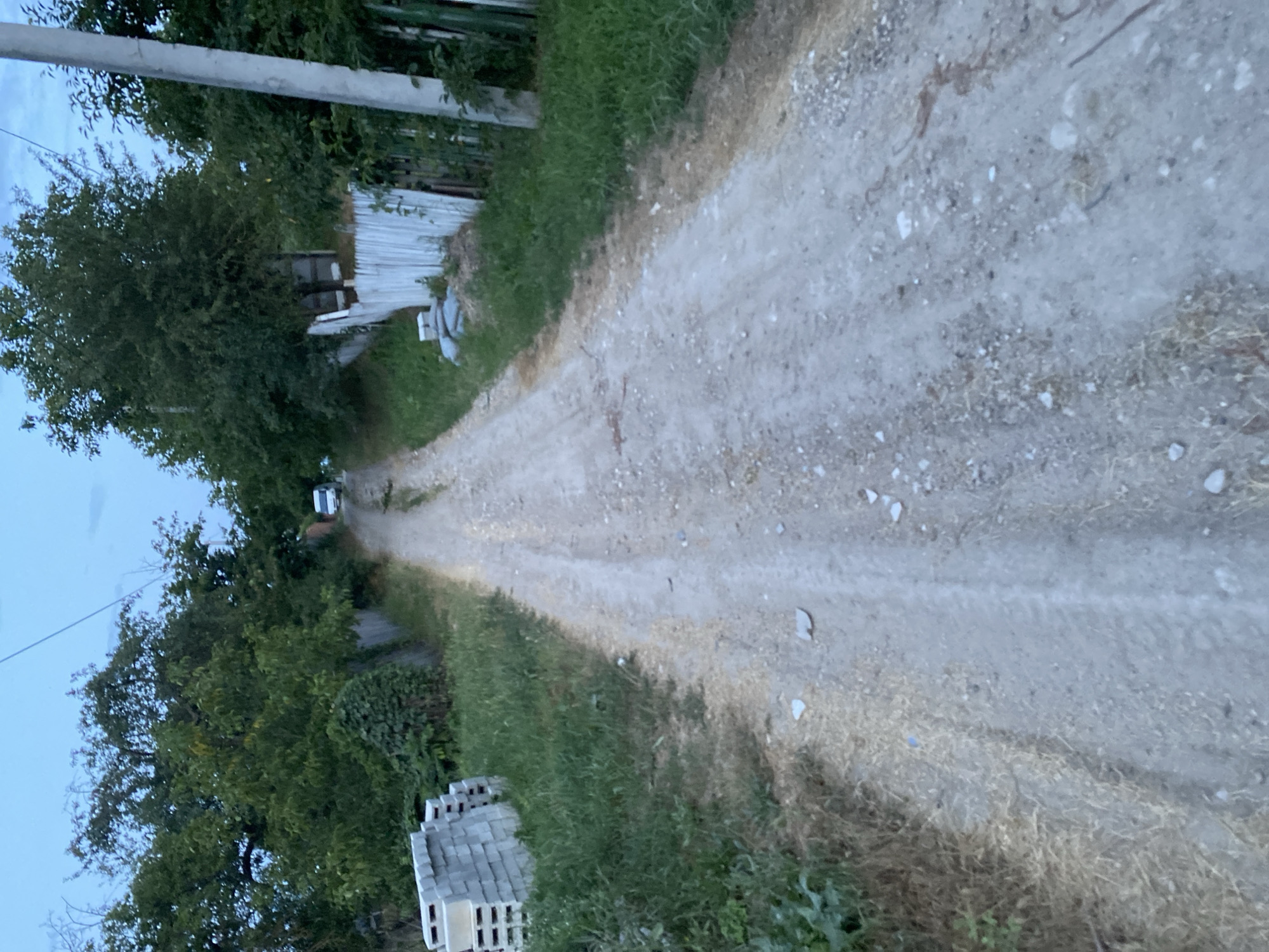 The image depicts a narrow, unpaved dirt road leading uphill through a rural area. The road surface is textured with small stones and tire tracks. To the left of the road, a stack of grey concrete blocks is visible, situated on overgrown grass. Beyond the blocks, dense green foliage and trees form a wall. To the right of the road, a weathered white wooden fence runs parallel to the path, with some sections appearing broken or dilapidated. Behind the fence, more trees and vegetation are present. In the distance, at the crest of the hill, a white van is partially visible. A grey utility pole stands on the right side of the road, with overhead wires. The sky above is a dusky blue, indicating either early morning or late evening. The overall environment suggests a secluded, semi-developed or undeveloped area, possibly on the outskirts of a village. The location is identified as Horodca, Moldova.