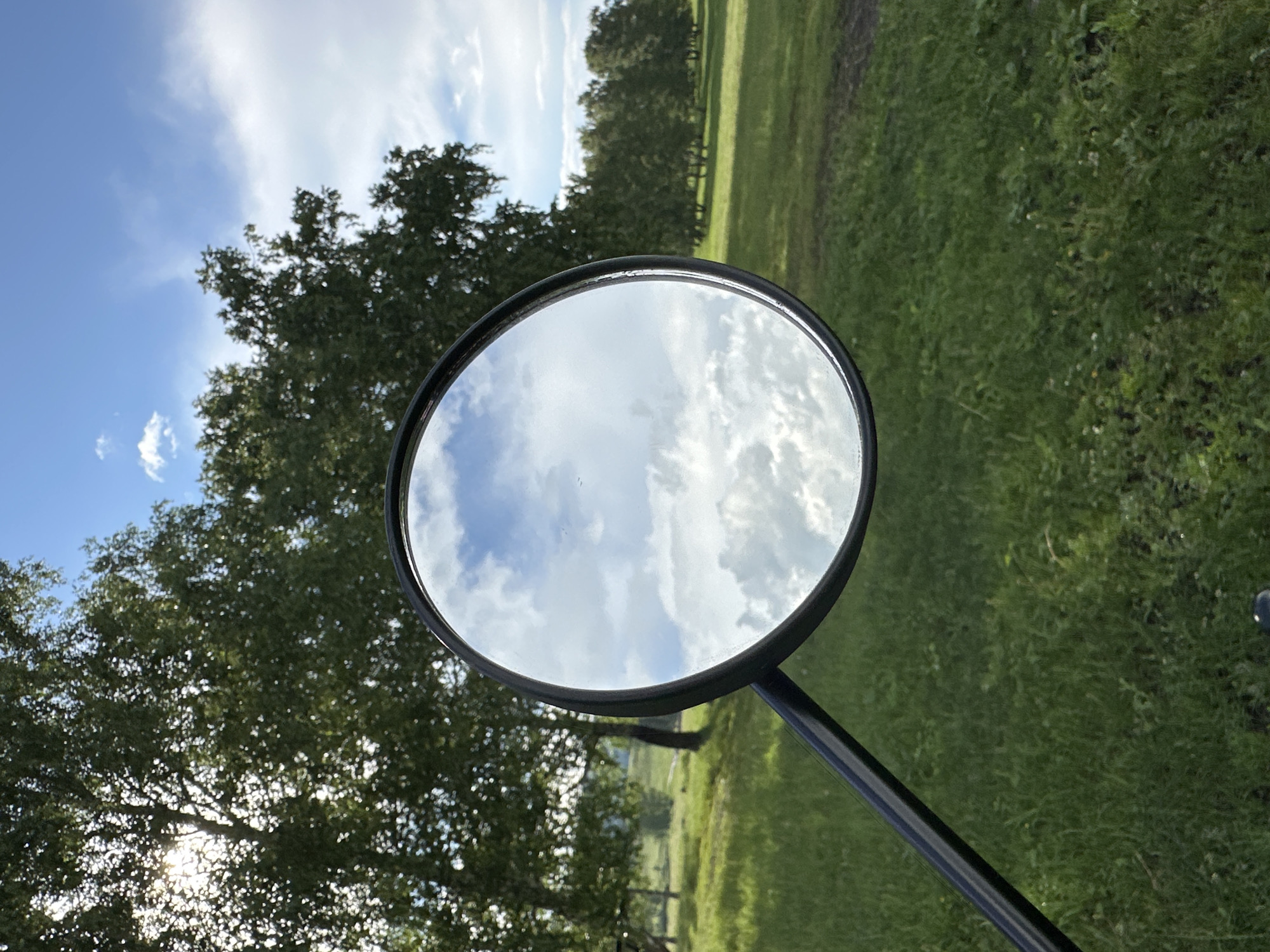 In an outdoor, natural setting, a circular mirror with a black frame is positioned in the foreground. The mirror reflects a bright blue sky filled with fluffy white clouds. Behind the mirror, the environment consists of lush green grass, large trees with dense foliage, and a line of smaller trees in the distance. The sun is visible through the leaves of the largest tree, creating a sunburst effect. The scene appears to be a scenic landscape.
