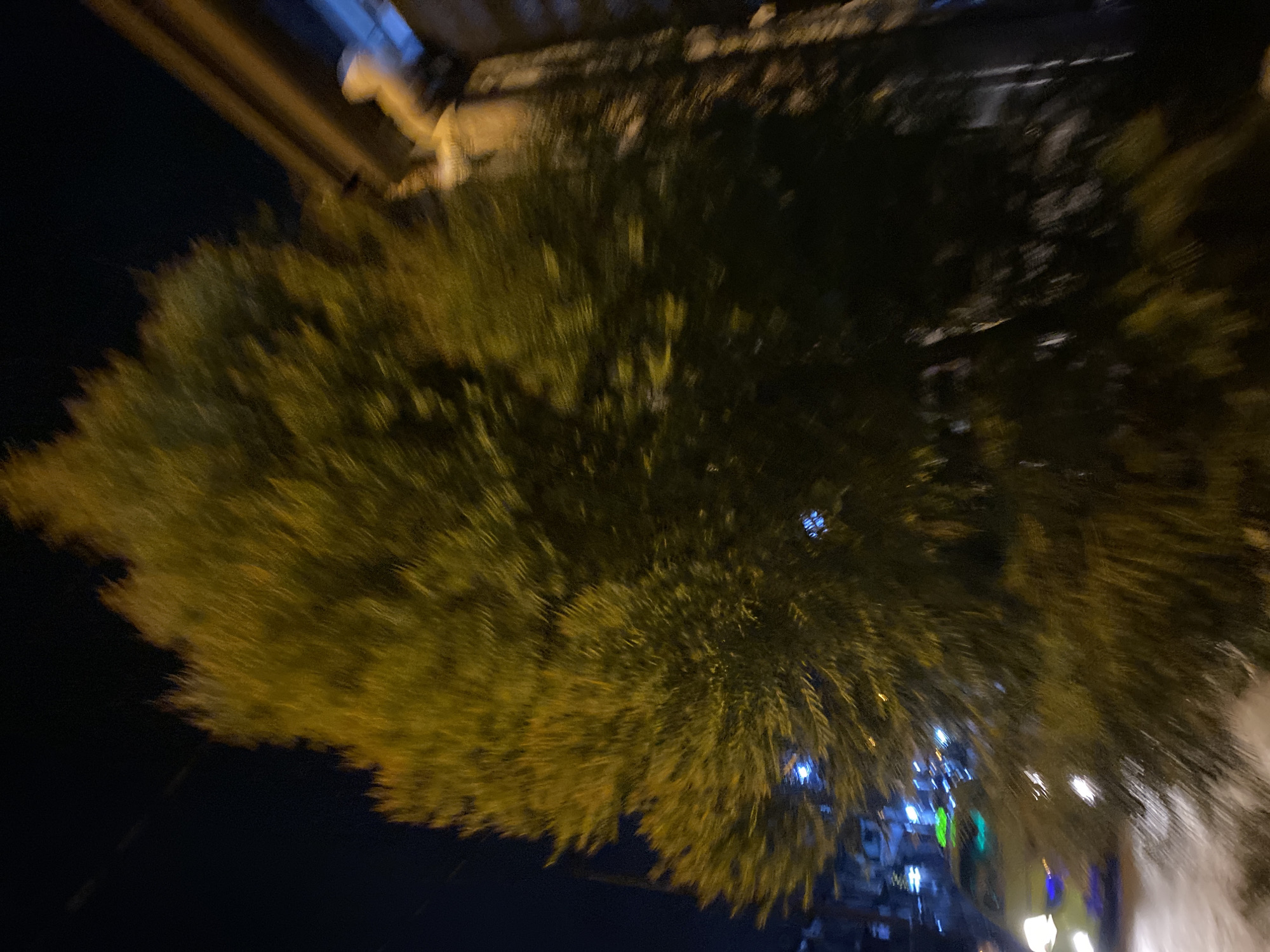 This is a low-light, heavily motion-blurred photograph taken at night in Davao City, Philippines, depicting an urban street scene. A large, dense tree with yellow-green foliage dominates the left and center of the frame, appearing streaked due to significant camera movement or long exposure. The dark blue-black sky occupies the upper left quadrant, showing faint, linear streaks of light. To the upper right, a portion of a building is visible, featuring a brown or orange upper section and a distinct white downspout or gutter pipe. At the lower left, the bright, heavily blurred headlights and other blue and green artificial lights of an unseen vehicle are visible, suggesting it is moving on a street alongside the tree. The overall scene conveys an active night environment with significant motion blur across all elements.