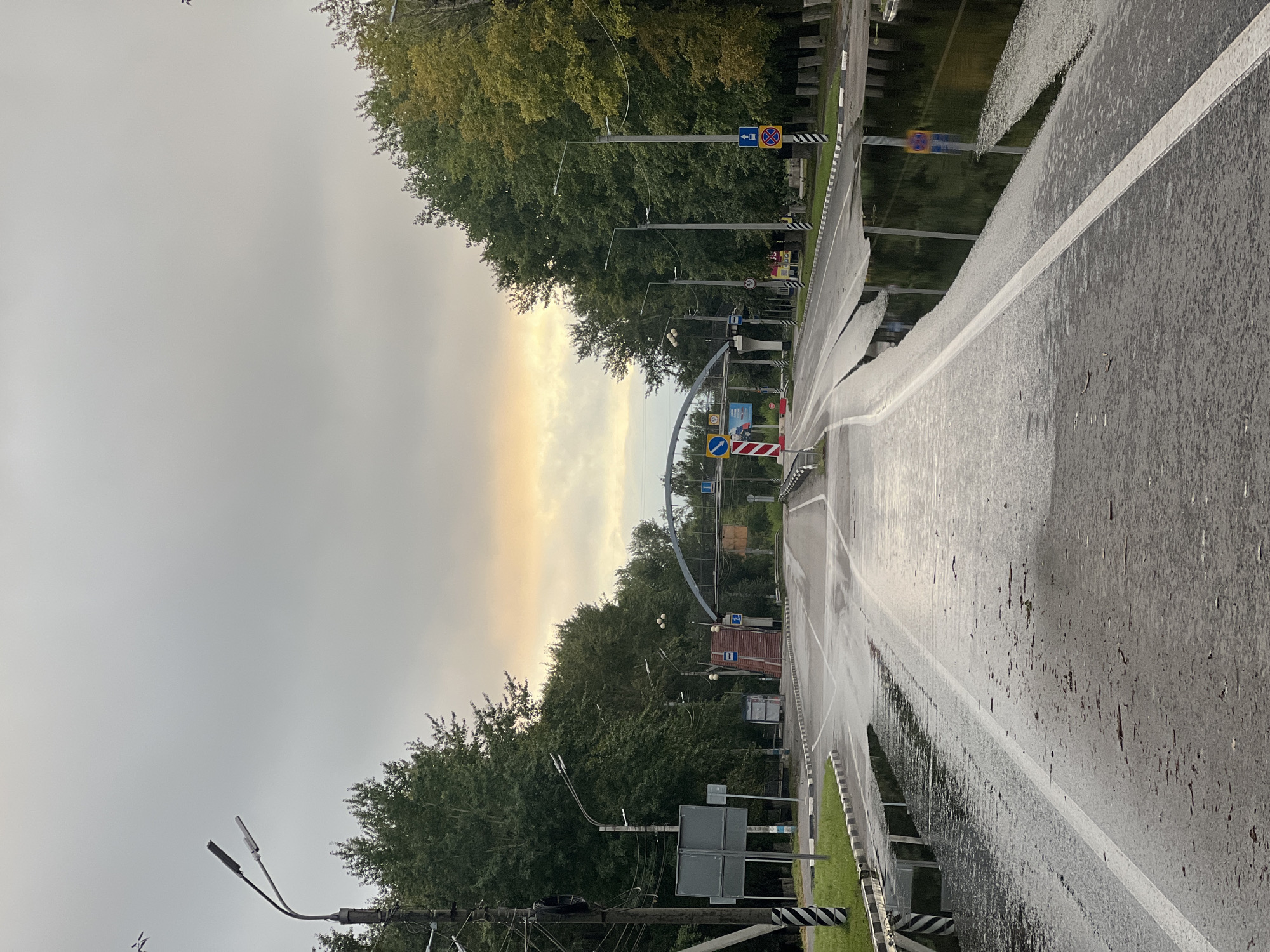 The image shows a street scene in Ulyanovsk, Russia, on a cloudy day. The road is wet and has large puddles of water, suggesting recent rain or flooding. Trees line both sides of the street. In the distance, an arching pedestrian bridge spans the road. Traffic signs and streetlights are visible. The overall atmosphere is overcast and slightly melancholic.