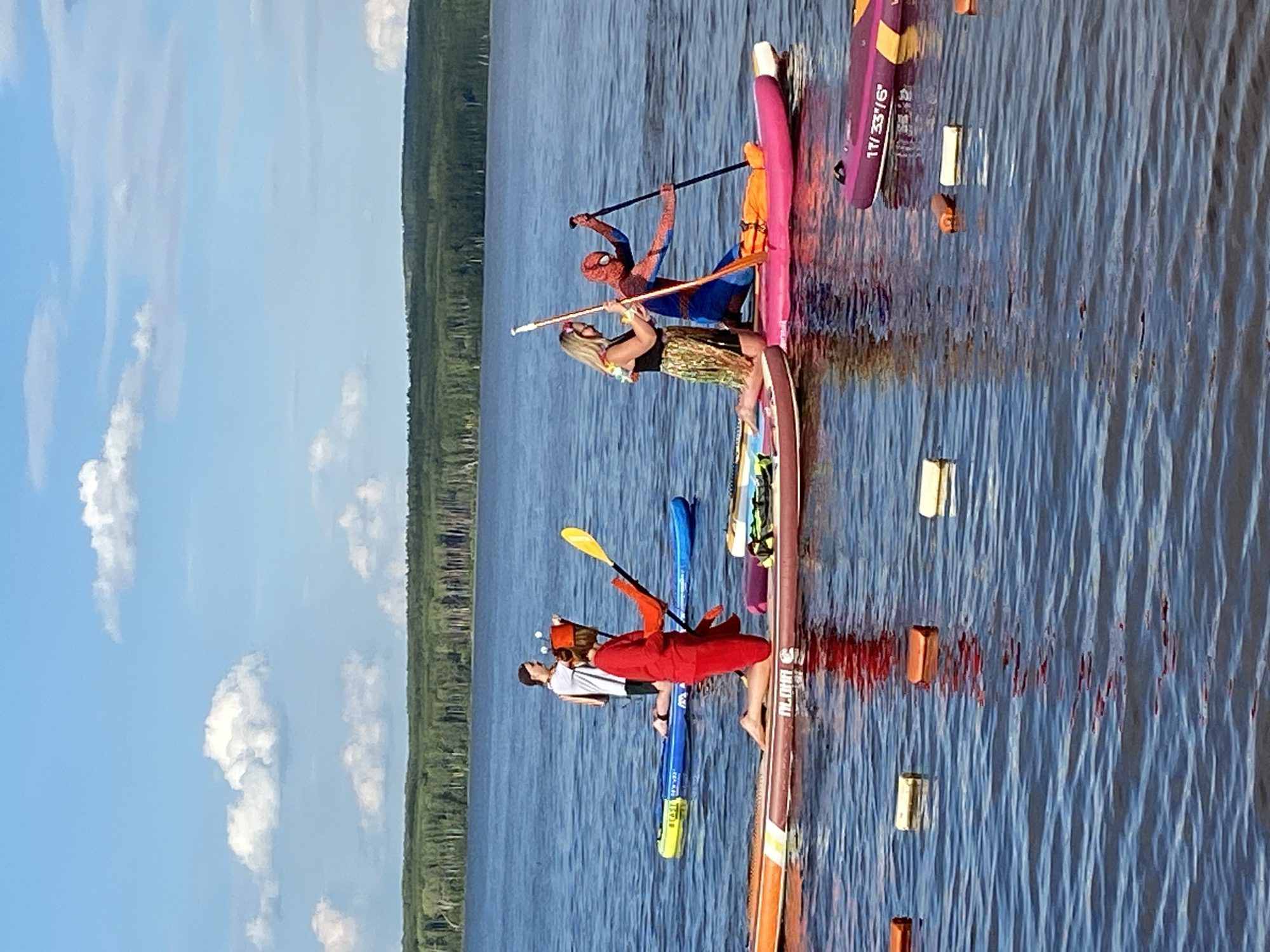 The image shows a group of people on stand-up paddleboards on a body of water, likely a lake or river, with a wooded shoreline in the background. The scene appears to be set on a sunny day, with a bright blue sky dotted with white clouds, suggesting a warm weather activity. The water is rippling, reflecting the sky and the surrounding trees.
There are several paddleboards visible, some with people on them. One prominent figure is dressed in a Spider-Man costume, standing on a pink paddleboard and holding a paddle. Next to the Spider-Man figure, a woman with blonde hair, wearing a floral skirt and a dark top, is also on a paddleboard, holding a paddle and facing the Spider-Man character. Further down the line of paddleboards, another person in a white shirt and red shorts is visible, as is another person in red clothing.
Some of the paddleboards have visible text. One purple paddleboard has "17' 33'6"" printed on it. Another board has the word "ALOHA" printed on its side. Various accessories, such as life vests and other objects, are also present on the paddleboards. The overall impression is of a recreational outing or a themed event on the water. The presence of the Spider-Man costume suggests a playful or celebratory atmosphere. The location context indicates this scene is in Chaikovsky, Russia.