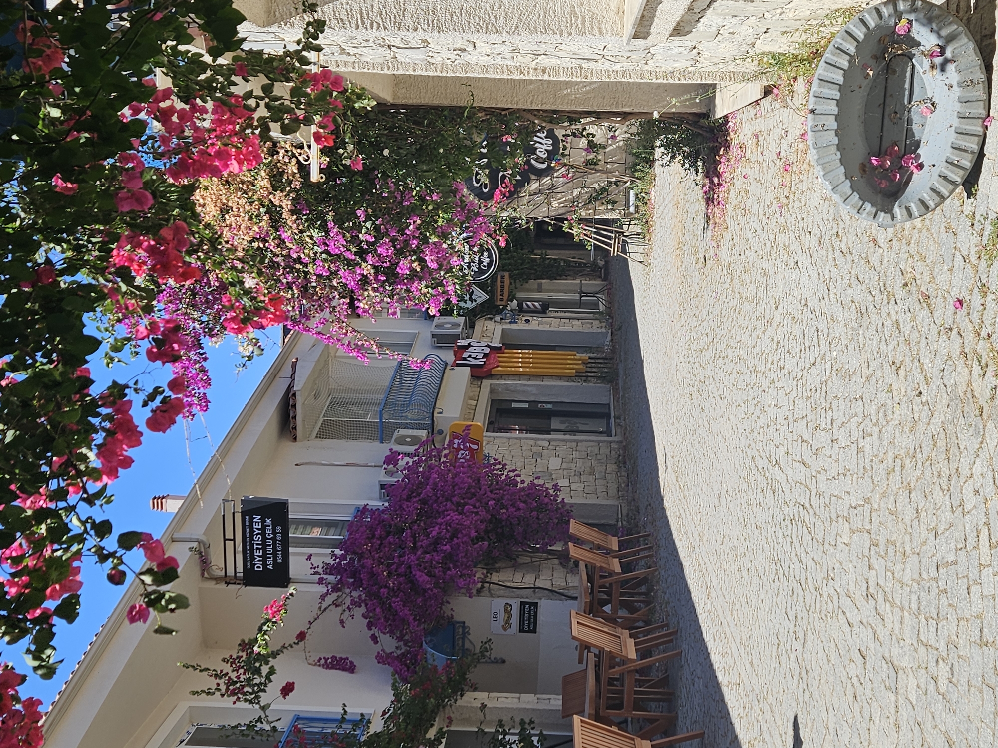 The image shows a narrow, cobbled street in Seferihisar, Turkey, lined with stone buildings adorned with vibrant bougainvillea flowers in shades of pink and purple. On the left side of the street, there are outdoor seating areas with wooden tables and chairs, suggesting a cafe or restaurant. Several signs are visible on the buildings, including one for a dietitian and others that appear to be for businesses like a barber shop and a coffee shop. The sky is clear and blue, indicating a sunny day. In the foreground on the right, there is a gray, oval-shaped planter filled with fallen flowers. The overall scene depicts a charming and picturesque street in a Mediterranean town.