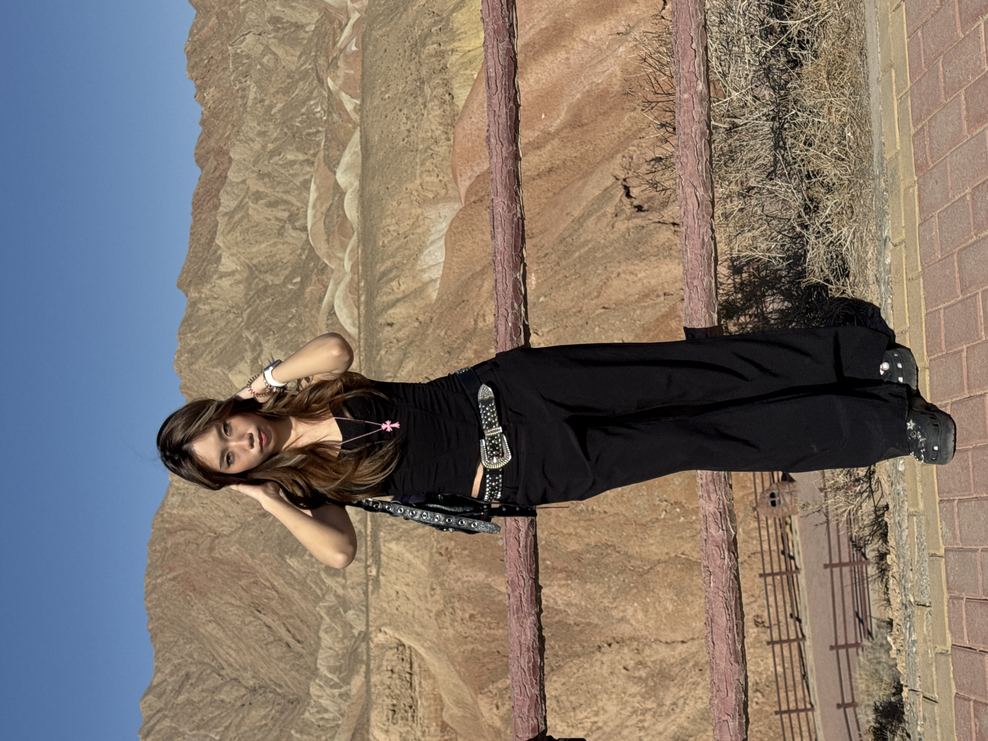 The image displays a young woman posing for a photograph against a dramatic mountainous backdrop. She stands upright, facing the viewer, with her hands gently positioned near her head and her long, light brown hair falling around her shoulders. She is dressed in a black outfit, consisting of a close-fitting top and wide-leg pants. A prominent black belt with a large, ornate silver buckle cinches her waist, and she wears a pink pendant necklace and dark shoes with white accents.
The immediate foreground features a reddish-brown wooden post or railing to her side, separating her from a patch of dry, sparse vegetation. Further right, a section of reddish-brown brick pavement is visible. Below the railing, a lower-lying path with a metal fence can be discerned.
The background is dominated by an expansive range of arid mountains, characterized by distinct, multi-colored rock layers in shades of brown, orange, and beige, typical of stratified geological formations. The sky above is a clear, bright blue, indicating sunny daytime conditions. Strong sunlight casts sharp shadows, highlighting the textures of the landscape. The setting suggests a scenic natural park or tourist destination, consistent with the geological features found in places like Nantai, China. There is no visible text in the image.