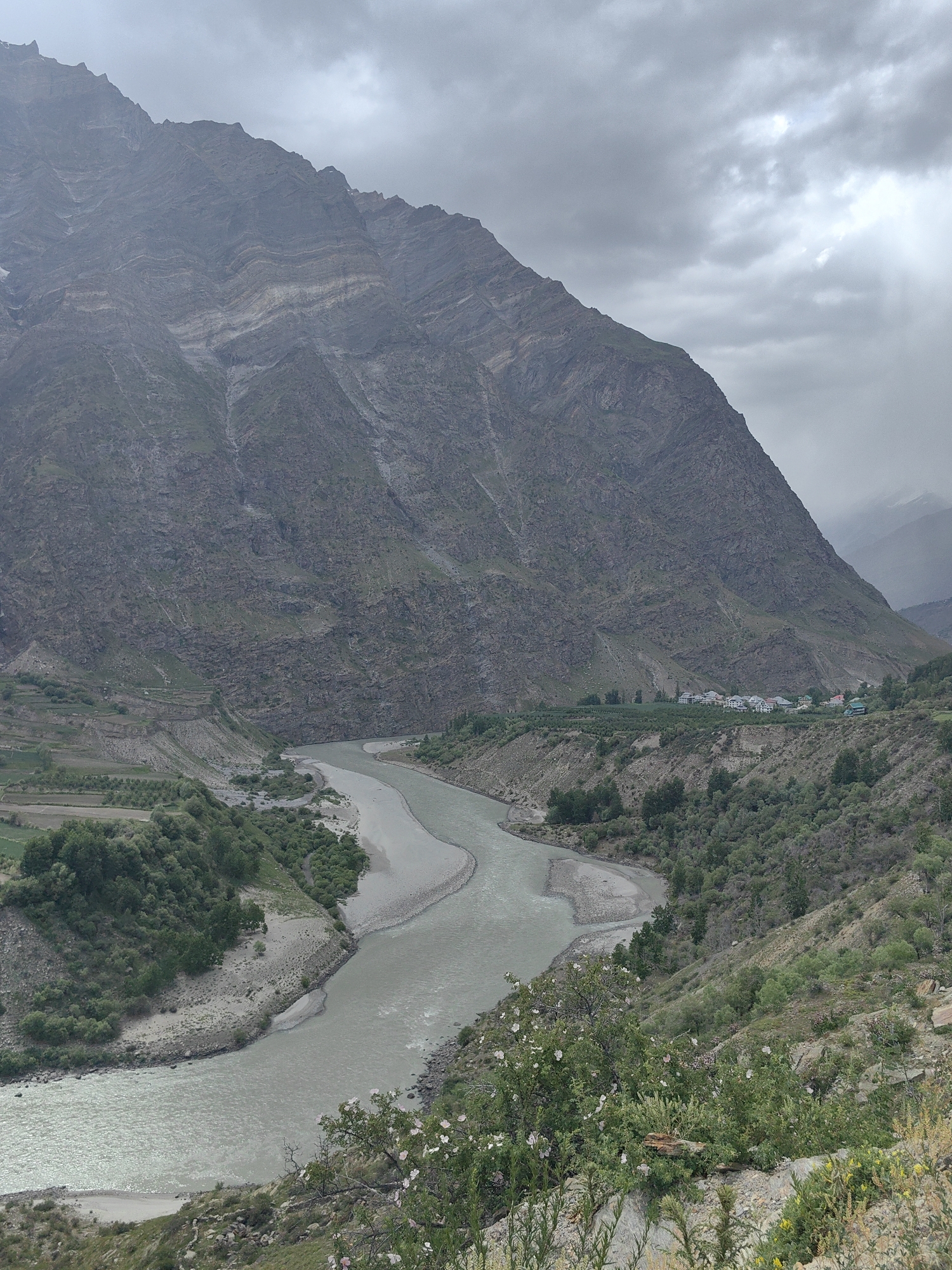The image depicts a wide, meandering river flowing through a valley flanked by steep, rocky mountains. The sky is overcast with clouds. On the left bank of the river, terraced fields are visible on the lower slopes of the mountains, indicating agricultural activity. Further up the valley, a cluster of white buildings, possibly a village, can be seen nestled at the foot of the mountain. The right bank of the river is covered with dense vegetation and trees. The overall scene suggests a rural, mountainous landscape. The location is Tandi, India.