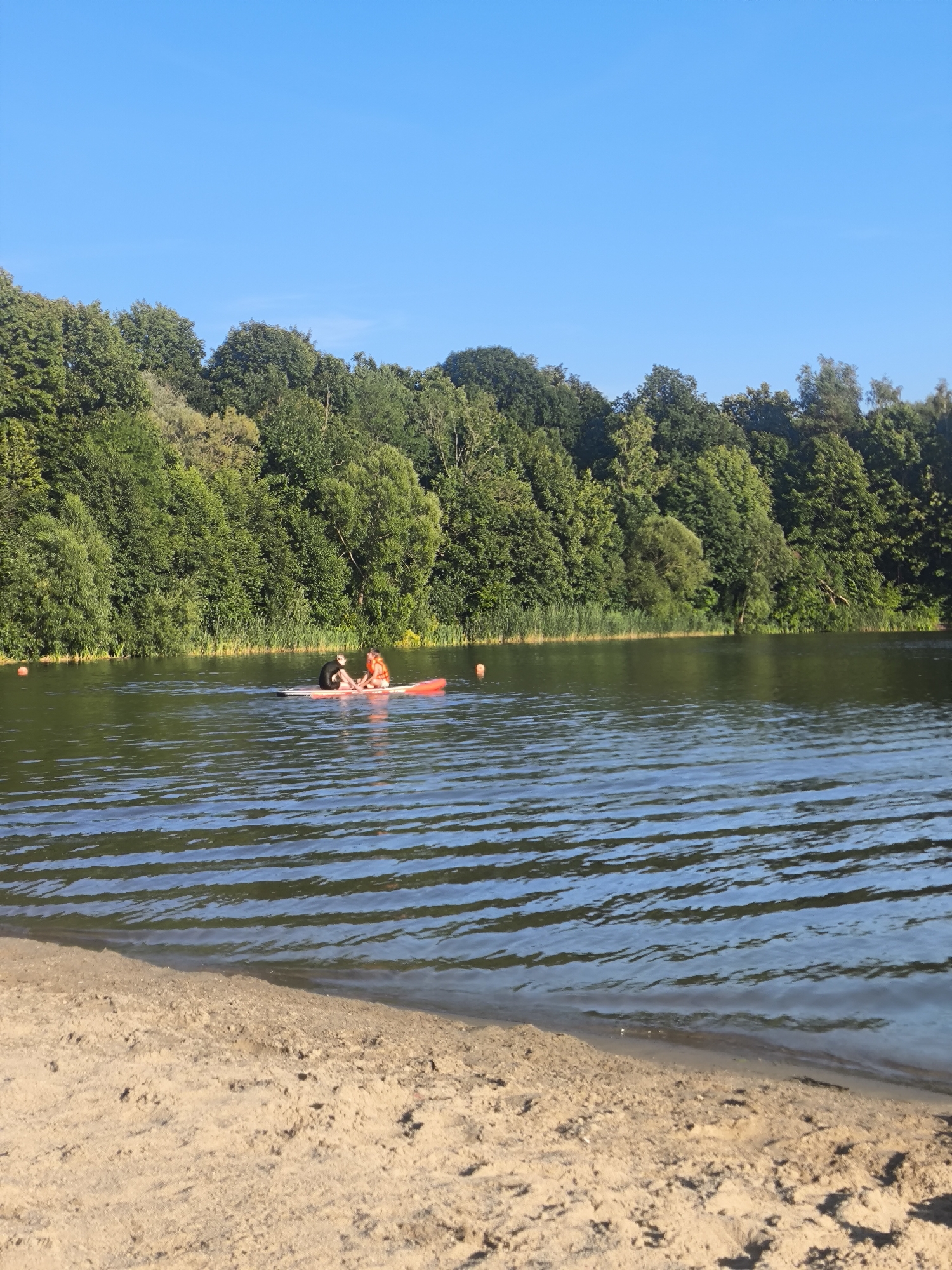 Two individuals are on a red paddleboard in a calm lake. One person, wearing an orange life vest, is seated towards the back of the paddleboard, facing forward. The other individual is seated in front, facing towards the rear of the paddleboard and looking at the first person. The paddleboard is on a body of water with rippling surface, reflecting the clear blue sky and the lush green trees that line the distant shore. A sandy beach is visible in the foreground, with gentle waves lapping at its edge. The overall scene depicts a serene outdoor recreational activity on a sunny day. The location is not identifiable from the image.