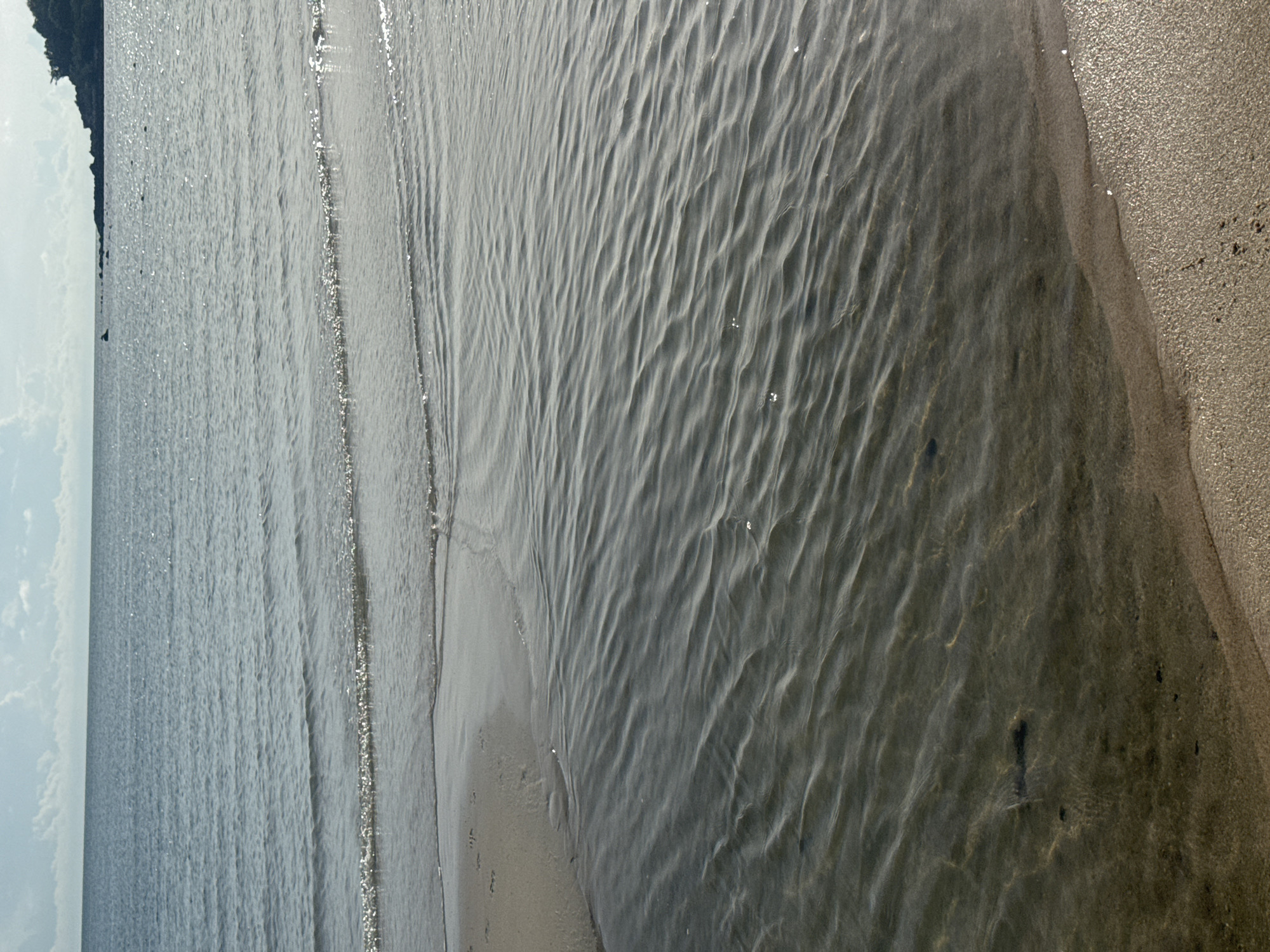 The image shows a beach with the ocean. The water is calm with small waves. The sand is wet near the water and dry further up the beach. There are some footprints on the wet sand. In the background, there is a distant island or landmass. The sky is partly cloudy.