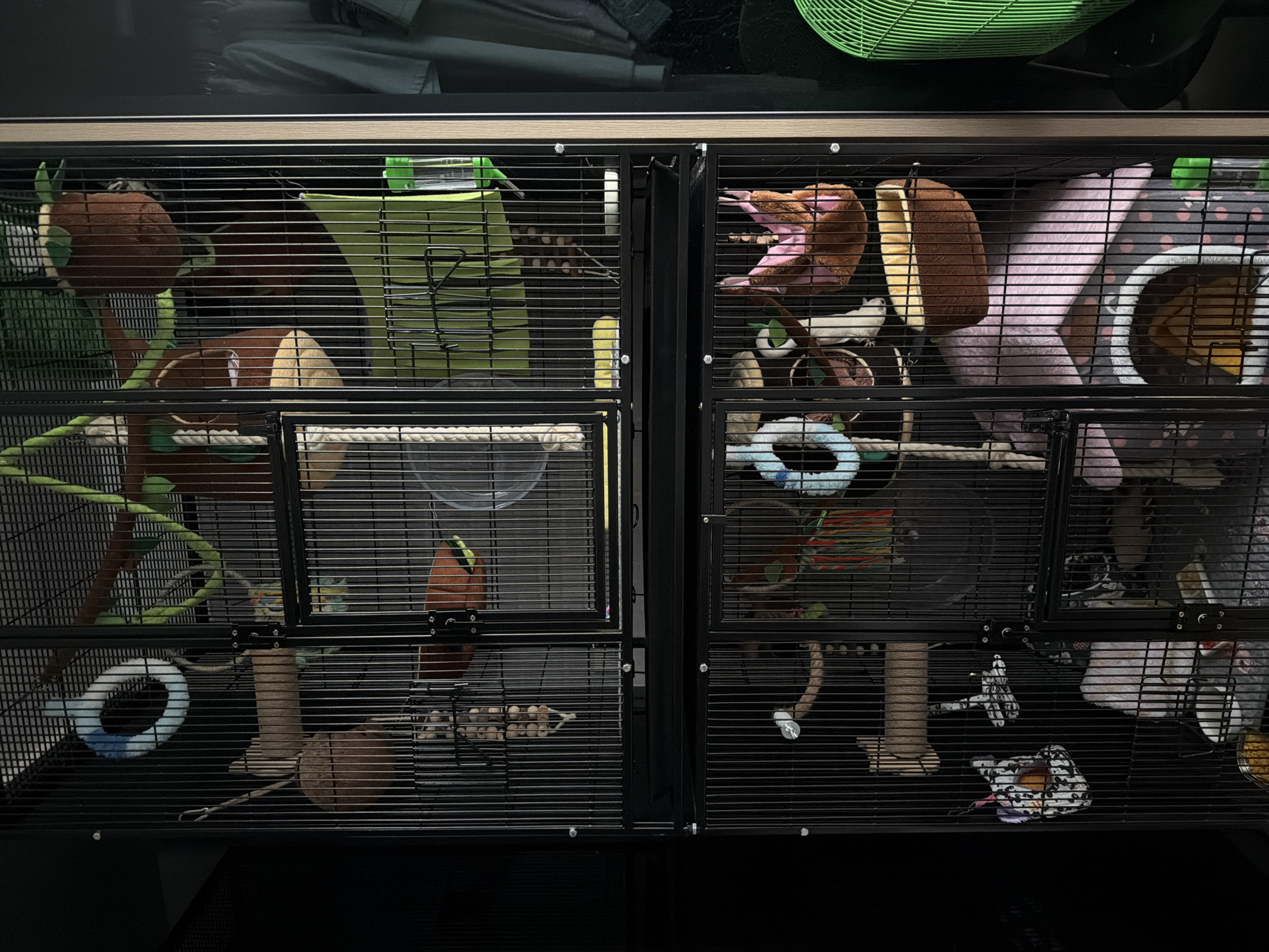The image shows a large, multi-level cage for small animals, likely rats or ferrets, set against a dark background. The cage is filled with various toys and accessories, including ropes, perches, hammocks, and food dishes. Some of the items appear to be made of fabric, wood, and plastic. There are no people or animals visible in the image. The scene is indoors, and the lighting suggests it may be nighttime or a dimly lit room. There is no visible indication of the city of Bangkok, Thailand or any specific location.