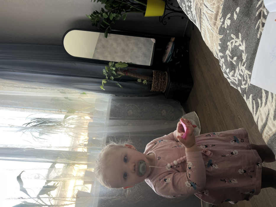 An indoor, eye-level photograph depicts a young child standing in what appears to be a domestic room in the city of Leninakan, Russia. The subject is a female toddler with light-colored hair and blue eyes, positioned centrally and looking directly at the camera. She wears a pink long-sleeved dress adorned with a repetitive pattern of white figures. A light green pacifier is inserted into her mouth, attached to a white and pink beaded chain around her neck. In both hands, she holds a small, folded, bright pink object.
The background features a large window along the left and upper-center, covered by sheer white curtains that permit bright natural light to enter, causing some glare. Multiple potted plants in white containers are visible on the windowsill through the curtains. To the right of the sheer curtains are opaque grey curtains. A full-length, arch-top mirror with a black frame stands vertically on the right side of the room, reflecting a grey wall. Adjacent to the mirror are two more potted plants: one in a woven basket-like pot resting on a dark square stand, and another in a bright yellow pot placed on a black decorative metal stand. The floor is covered in light brown wood-effect flooring. In the bottom right foreground, the edge of a bed is visible, covered with a grey and beige patterned blanket, on which a piece of white paper with faint markings is present.