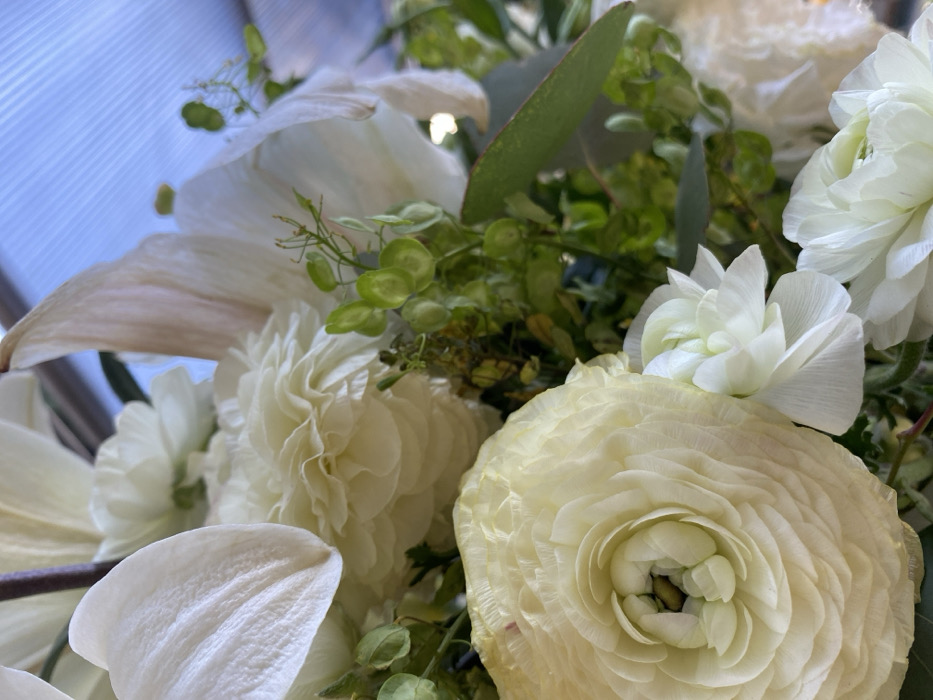 A close-up captures an elegant arrangement of white flowers. Several prominent ranunculus blooms showcase their layered petals, ranging from a pale yellow to pure white. Interspersed among the ranunculus are other white flowers and verdant greenery, including leafy stems with small, round seedpods. The backdrop is blurred, suggesting a window with vertical panes. The overall effect is a soft, natural composition.