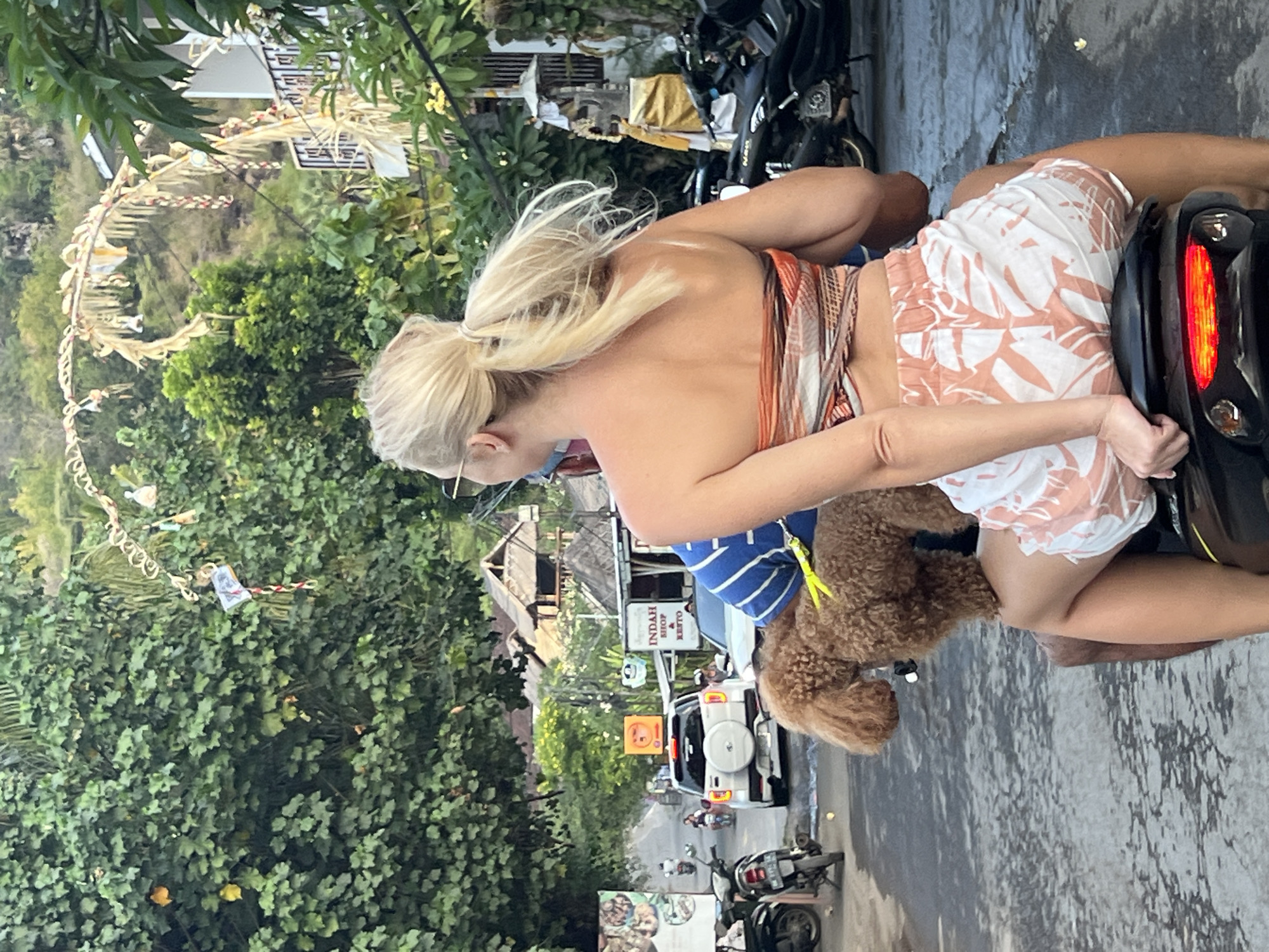An outdoor, full-shot, eye-level photograph captures a woman with blonde hair in a ponytail riding on the back of a scooter in Abang, Indonesia. She is wearing a strapless top with an orange and white patterned fabric wrapped around her torso and white shorts with a pink leaf pattern. A brown poodle is seated in front of her on the scooter, its leash clipped to the woman's blue and white striped shirt. The scooter is on a wet, paved road. In the background, trees with lush green foliage line the street, and traditional Balinese structures with thatched roofs are visible. Other vehicles, including a white SUV and several motorcycles, are also present. The scene is bathed in natural light, suggesting it is daytime.