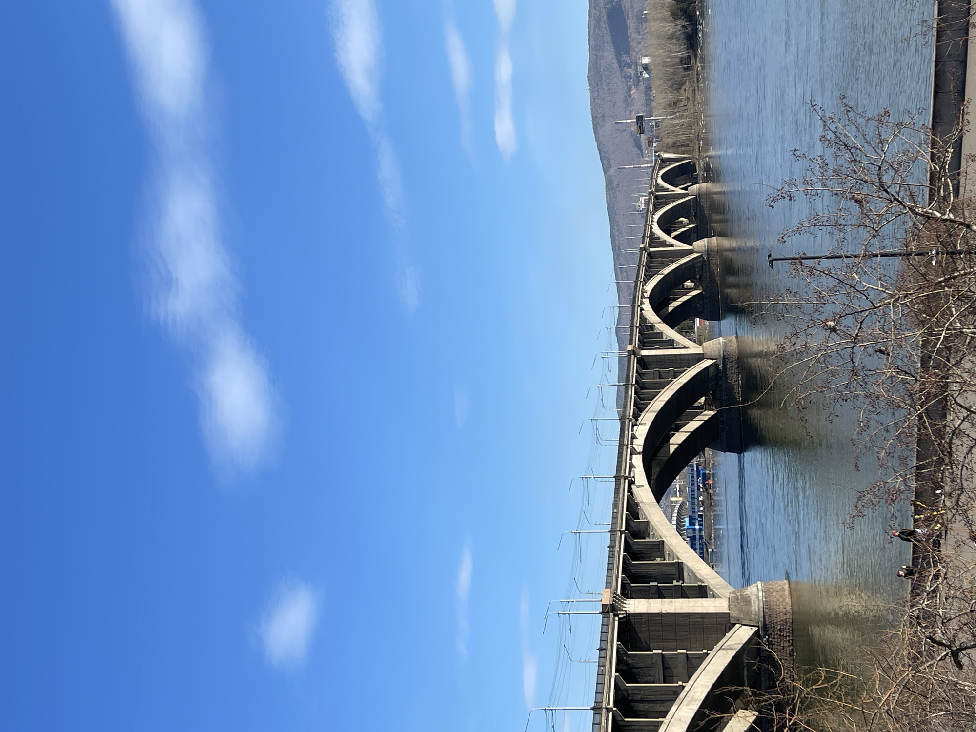 The image displays a panoramic view of a wide river spanned by a prominent concrete arch railway bridge, set against a vibrant blue sky dotted with a few wispy white clouds. The scene is illuminated by bright daylight, suggesting a sunny day, likely in late winter or early spring given the bare trees.
The central subject is the substantial railway bridge, characterized by its multiple large concrete arches supporting the bridge deck. Overhead electrical lines, indicative of an electrified railway, are visible above the structure. This architectural style is consistent with the historic Krasnoyarsk railway bridge crossing the Yenisei River in Krasnoyarsk, Russia. The river below is broad and calm, reflecting the clear sky.
On the distant bank, a range of dark, tree-covered mountains or hills creates a natural backdrop. These trees appear to be deciduous and currently without foliage. Scattered along the far shore, some indistinct buildings or industrial structures and a tall, slender mast are faintly visible.
In the immediate foreground on the right, a leafless tree with intricate branch patterns partially frames the view. Along the riverbank near this tree, several small, indistinct figures are visible, indicating the presence of people, possibly enjoying a stroll or gathering by the water. One individual is discernible in a brightly colored jacket. No discernible text is visible anywhere in the image. The overall impression is one of a calm, expansive landscape by a major waterway.