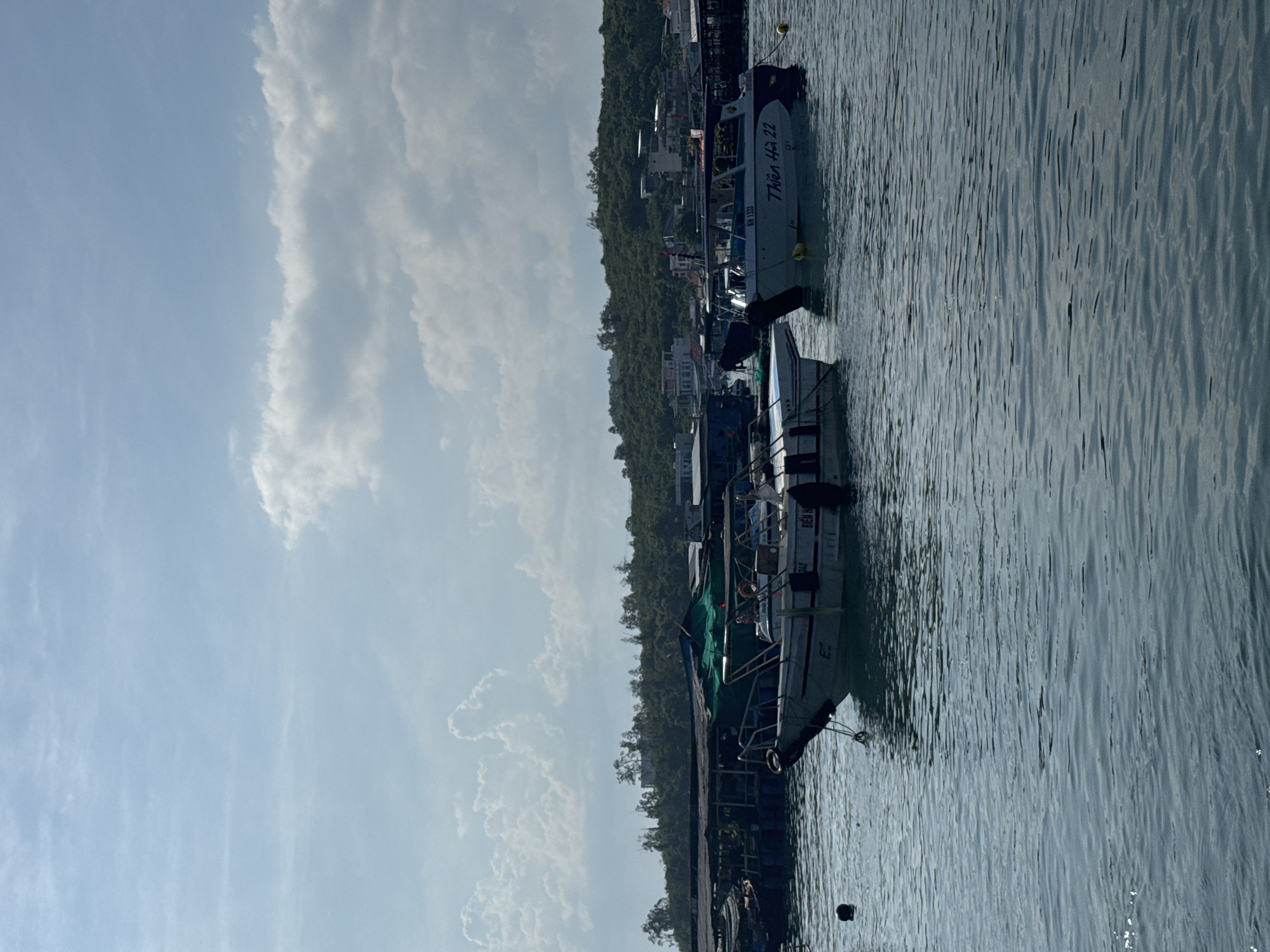 The image displays a waterfront scene in Nam Nha Trang Ward, Vietnam, with a clear sky and calm water. Several boats are docked along a pier or shoreline, suggesting a harbor or a busy fishing area. One prominent boat is labeled "Thiên Hà 22" and has the registration "KH 1133". Another boat has "BIÊN HÒA 3042" written on it. The boats vary in size and design, some appearing to be passenger vessels or fishing boats.
The background features a lush, green, tree-covered hillside dotted with buildings, indicating a coastal town or city. The sky is partly cloudy, with soft, white clouds scattered against a bright blue expanse. The water is a deep blue-gray, with gentle ripples reflecting the sky and the surrounding structures. A few buoys are visible in the water. The lighting suggests it is daytime, likely late morning or early afternoon, given the brightness and the angle of the shadows. The overall impression is one of a serene but active maritime environment.