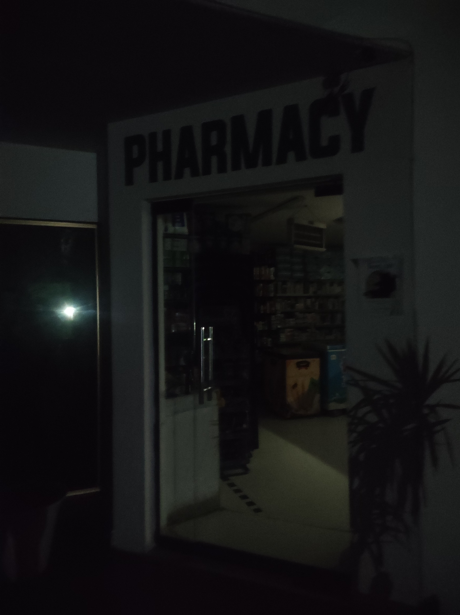 The image shows the entrance to a pharmacy at night. The word "PHARMACY" is prominently displayed in large black letters on a white sign above the entrance. The doorway itself is open, revealing a dimly lit interior with shelves stocked with products. To the left of the entrance is a dark, reflective surface, possibly a window or a door. To the right of the entrance, a potted plant with spiky leaves casts a shadow on the wall. The overall environment suggests a commercial establishment in Roranwala, Pakistan, operating during nighttime hours.