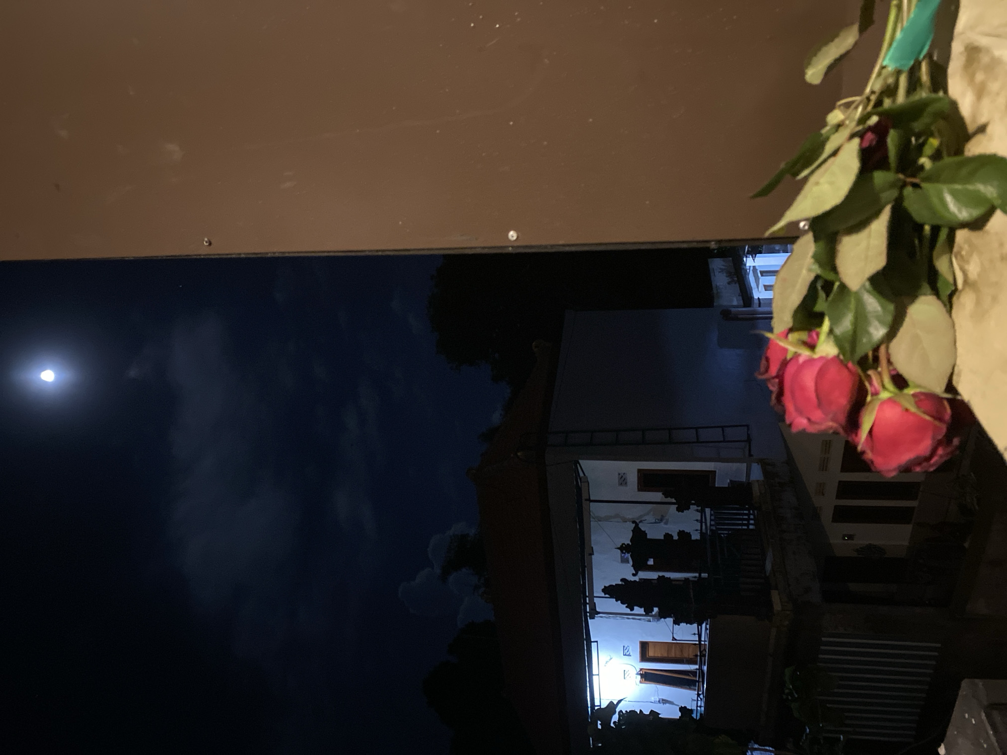 A nighttime scene at Nusa Dua, Indonesia, shows a view of a dark sky with a bright moon. The architecture of a multi-story building with a balcony is partially visible, illuminated by interior lights. Red roses with green leaves hang in the foreground, suggesting an interior or close-up perspective from a porch. The overall atmosphere is one of a tranquil night with a mix of natural and artificial light.