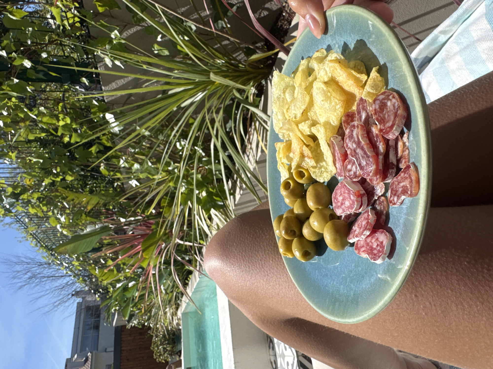 A person holds a light blue plate with potato chips, green olives, and sliced sausage in the vicinity of an outdoor area with green foliage, including a yucca-like plant with long leaves. In the background are a building and a blue sky. The person is wearing light-colored clothing. The location is possibly in Porto, Portugal, judging by the vegetation, architecture, and light.