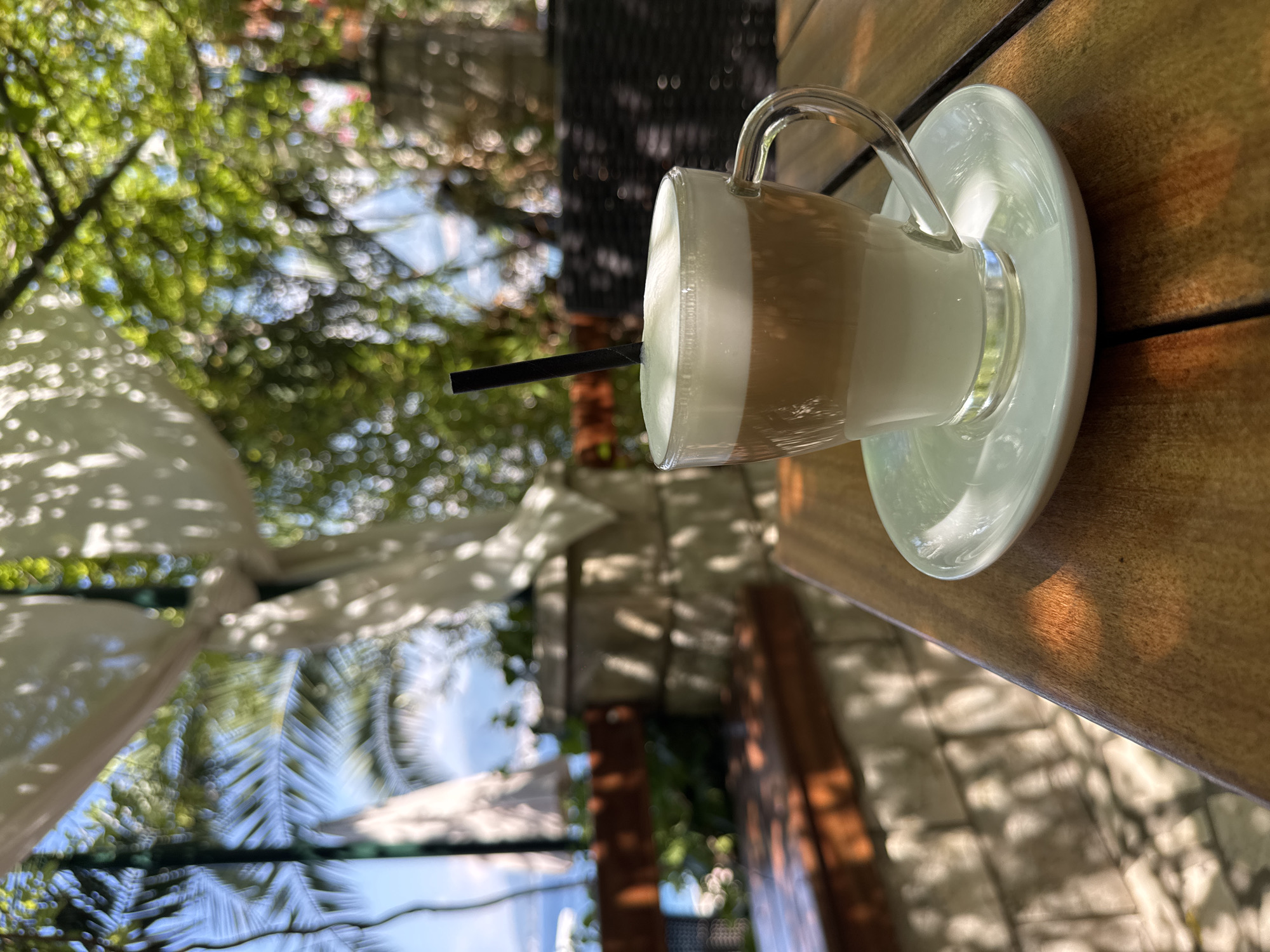 A close-up shot shows a layered coffee drink in a clear glass mug with a handle, resting on a white saucer. A black straw is inserted into the drink, which has distinct layers of white foam, light brown coffee, and white milk. The mug and saucer are placed on a wooden table. The background is blurred, with visible greenery and dappled sunlight, suggesting an outdoor setting like a cafe or patio. The lighting indicates it is daytime, likely sunny given the bright highlights and shadows. There are no people visible in the frame. The overall impression is one of a relaxed moment, possibly enjoying a beverage outdoors.