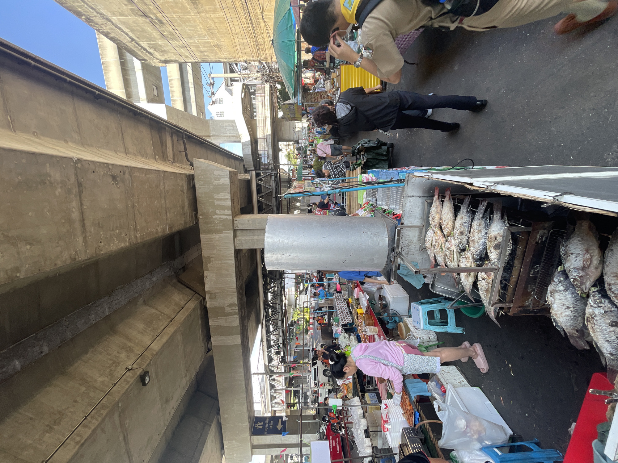 The image depicts a bustling outdoor market scene, likely in Bangkok, Thailand, under a large concrete overpass. The time of day appears to be daytime, with sunlight casting shadows.
The primary subjects are several people navigating the market. In the foreground, a woman wearing a pink shirt and patterned skirt is attending to a stall. She is wearing white gloves and appears to be handling products. Behind her, a person in a black jacket and dark pants walks away from the camera. Further back, several other individuals are visible browsing or working at stalls. One person is wearing a tan uniform with a yellow scarf, possibly a scout, and is looking at their phone.
The market is filled with various objects, most notably rows of grilled fish hanging from racks at a stall. Other stalls display a variety of goods, including food items, plastic containers, and bags. Numerous umbrellas and awnings are set up to provide shade. The setting is clearly a busy market environment, with stalls lining a walkway and a palpable sense of activity. The overpass above casts a significant shadow over parts of the market, creating a unique architectural backdrop. Electrical wires and conduits are visible running along the underside of the overpass.
The overall atmosphere suggests a lively and active market, typical of a city environment. The presence of various vendors and shoppers indicates a commercial activity is in full swing.
