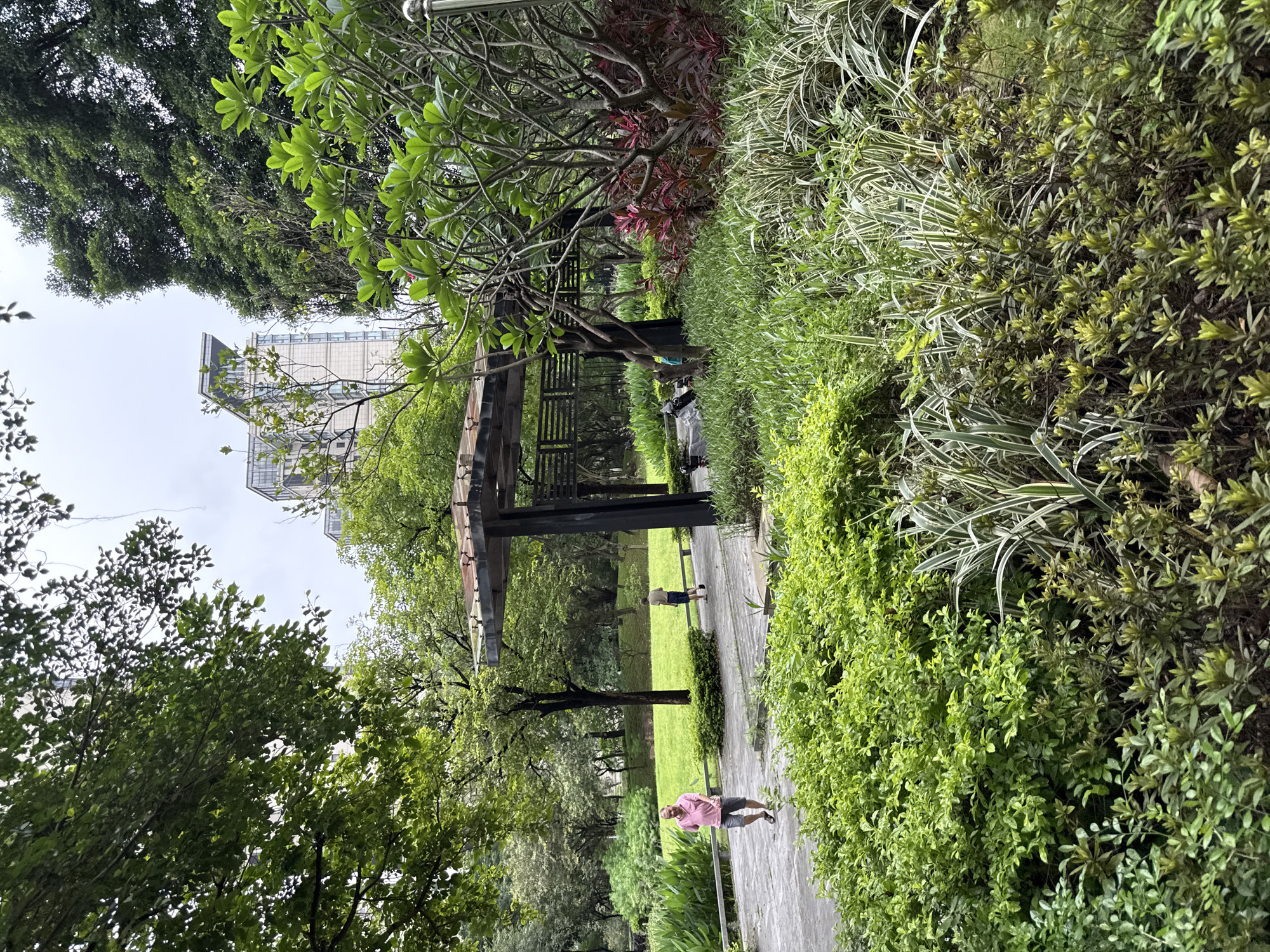 In a park setting, a person in a pink shirt and grey shorts walks along a paved path that winds through lush green vegetation. The path is bordered by manicured bushes and trees, with a wooden structure overhead that appears to be a pergola or gazebo. In the background, a grassy area is visible, with another person in a white shirt and dark shorts standing further down the path. Beyond the park, a modern building with white and glass facade is partially visible, peeking through the trees. The sky is overcast, suggesting a cloudy day. The overall scene depicts a tranquil moment in a well-maintained urban park, possibly in Haizhu District, China, with people enjoying a leisurely stroll.